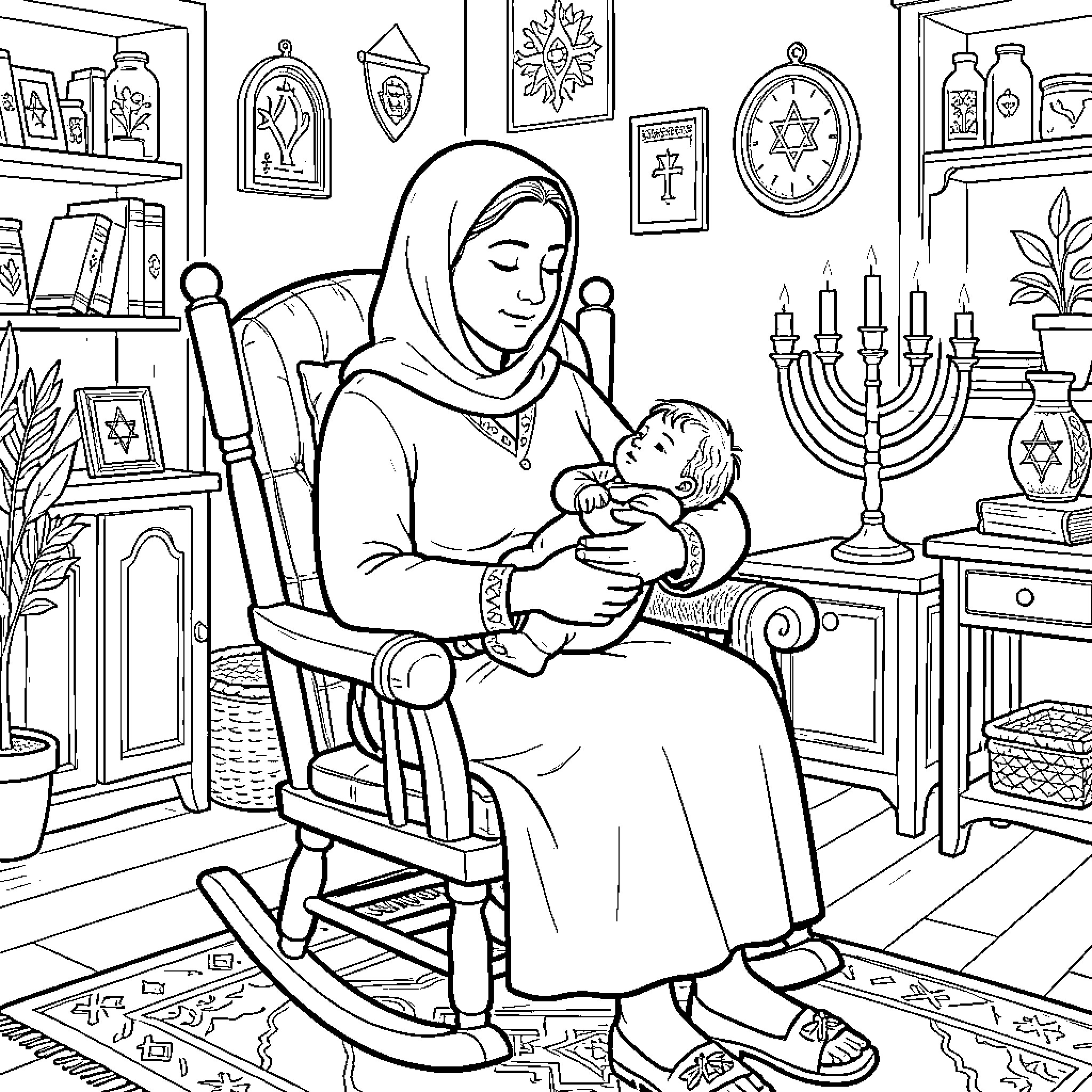 Mother sitting in rocking chair holding a baby Coloring Page (free black-and-white line drawing printable PDF for all, from beginners to advanced learners, including children, teens, adults, and seniors)