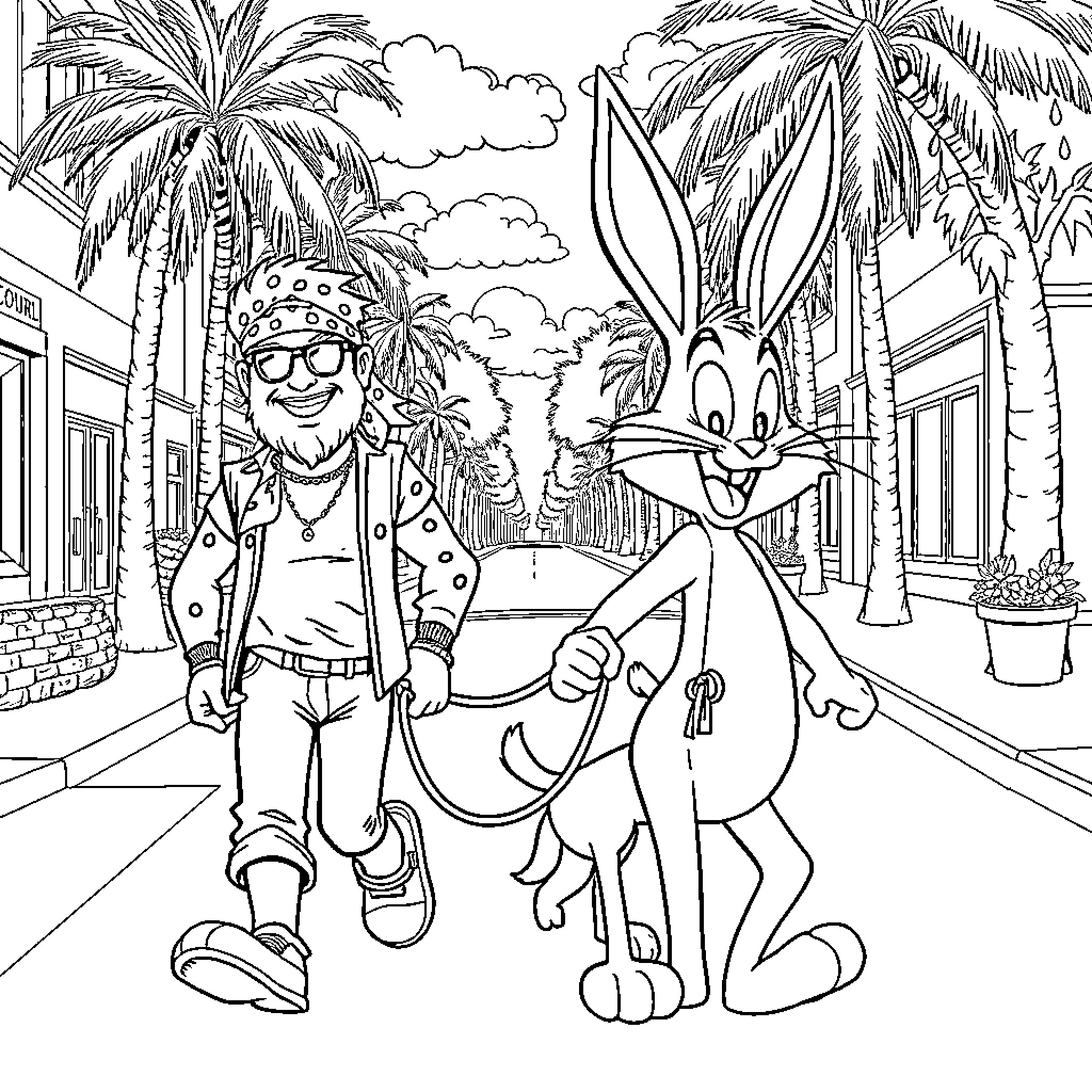 Axl Rose and Bugs Bunny in a tropical setting Coloring Page (free black-and-white line drawing printable PDF for all, from beginners to advanced learners, including children, teens, adults, and seniors)