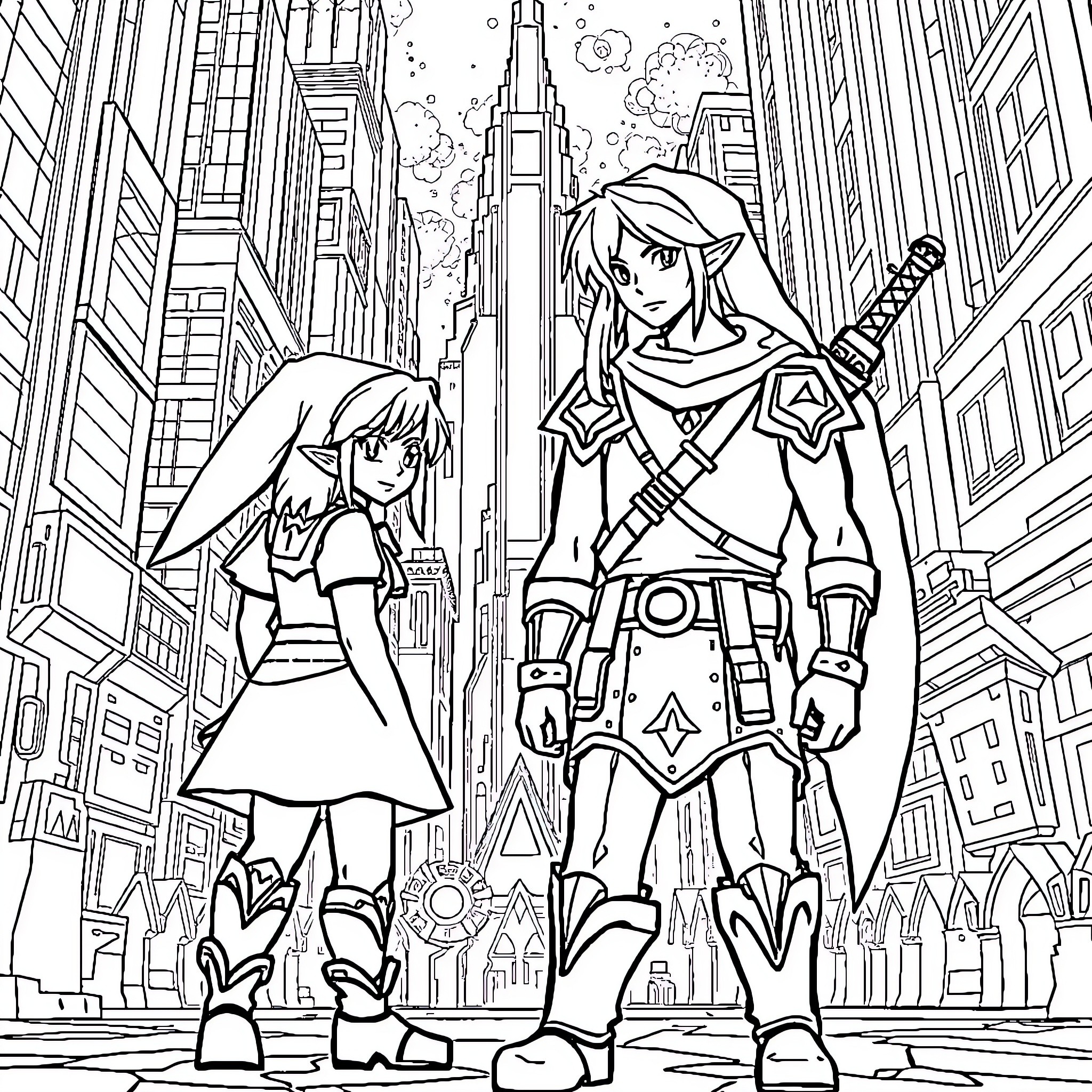 Link and companion exploring the city streets Coloring Page (free black-and-white line drawing printable PDF for all, from beginners to advanced learners, including children, teens, adults, and seniors)