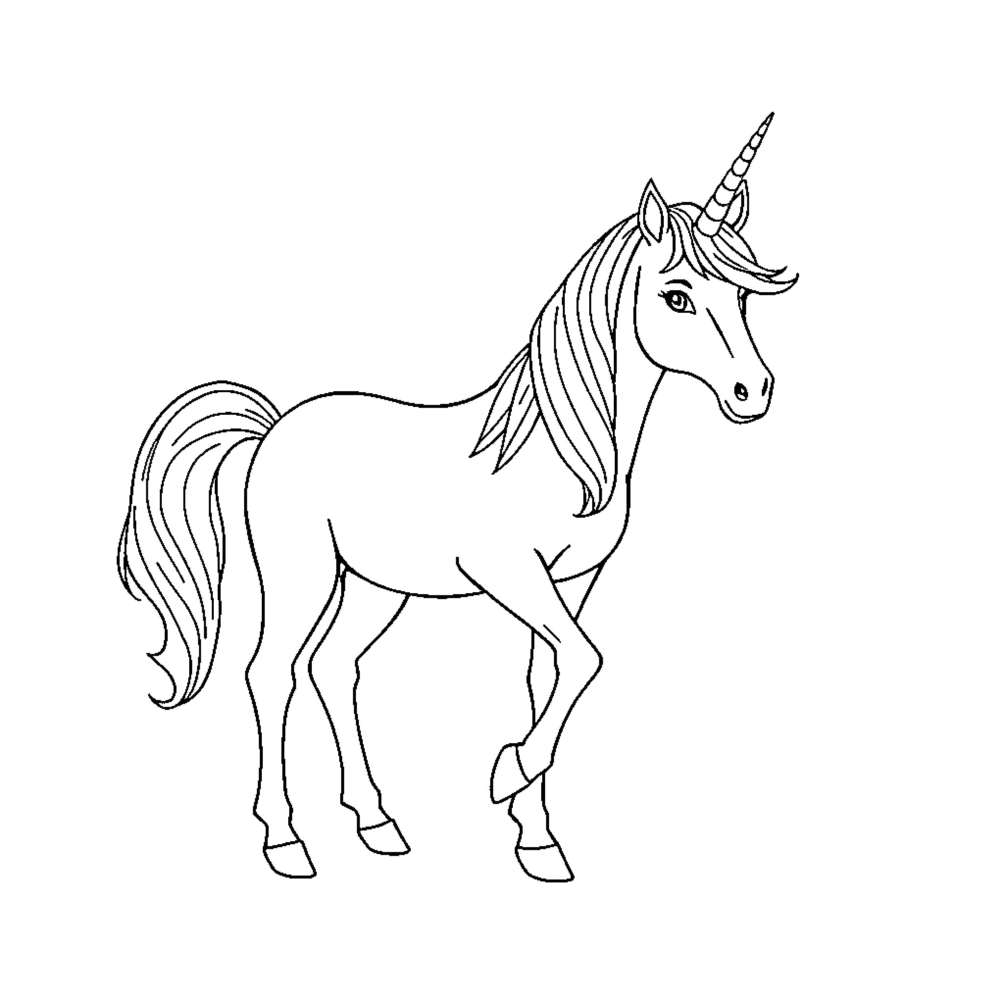 Unicorn standing with elegance Coloring Page (free black-and-white line drawing printable PDF for all, from beginners to advanced learners, including children, teens, adults, and seniors)