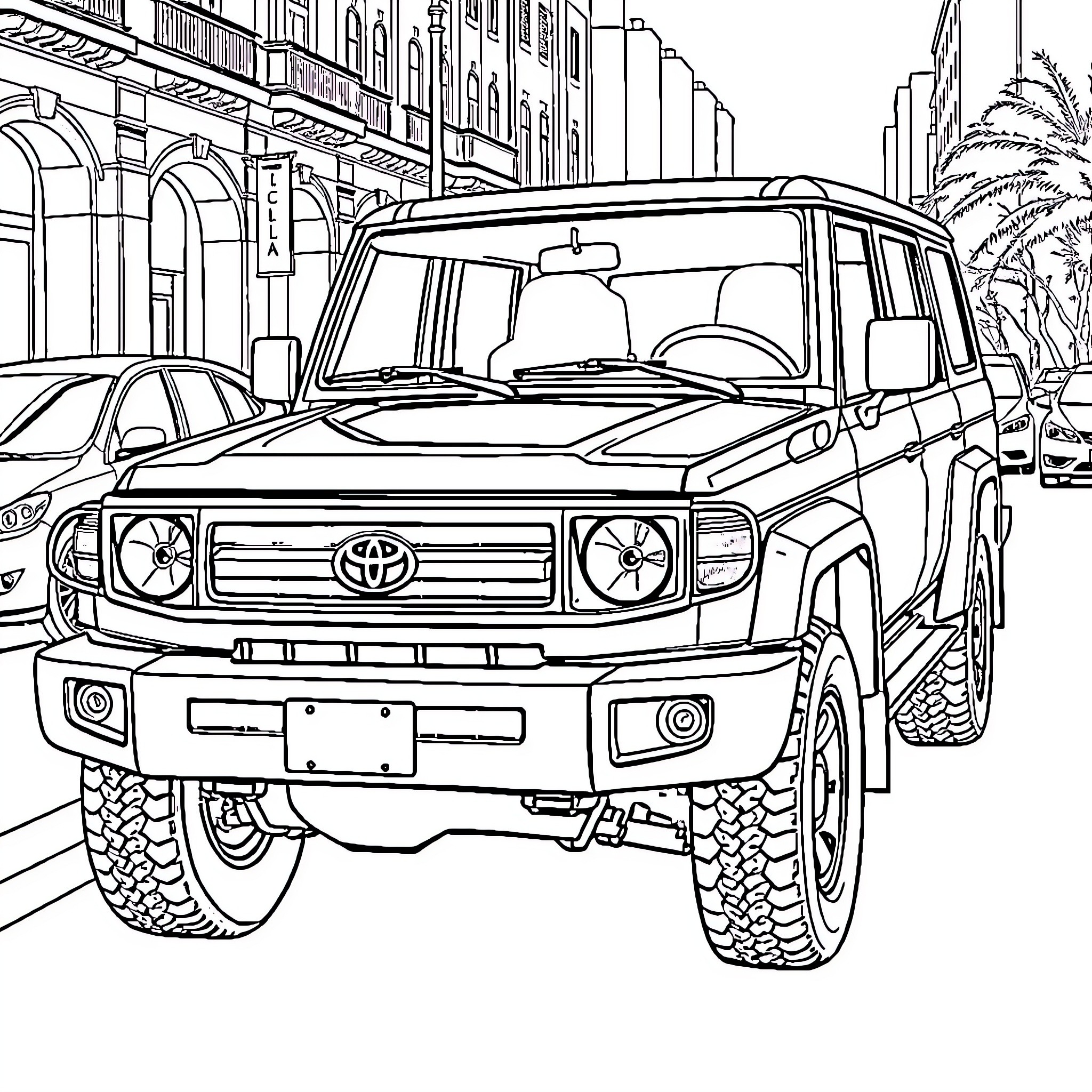 Toyota Land Cruiser off-road vehicle in urban setting Coloring Page (free black-and-white line drawing printable PDF for all, from beginners to advanced learners, including children, teens, adults, and seniors)