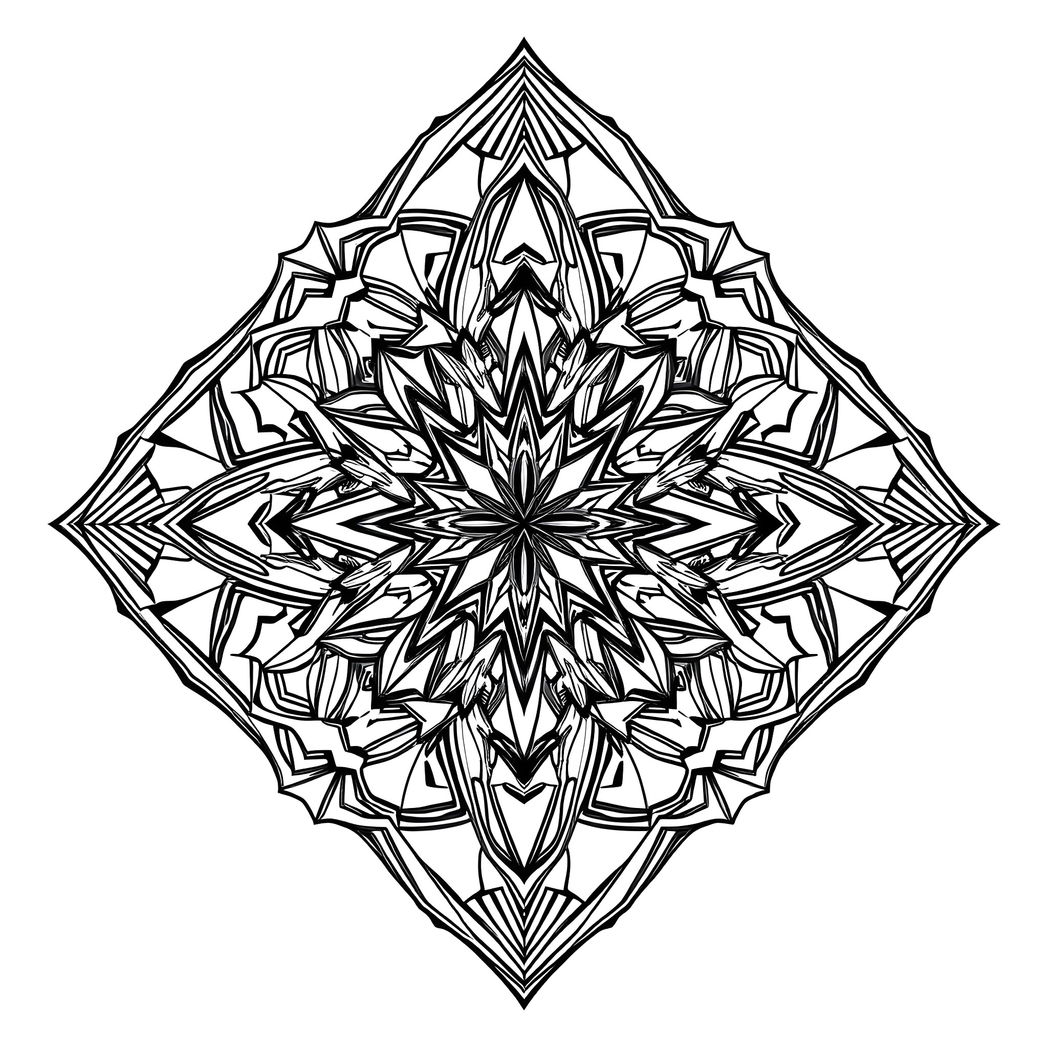 Geometric Pattern of Symmetrical Shapes and Lines Coloring Page (free black-and-white line drawing printable PDF for all, from beginners to advanced learners, including children, teens, adults, and seniors)