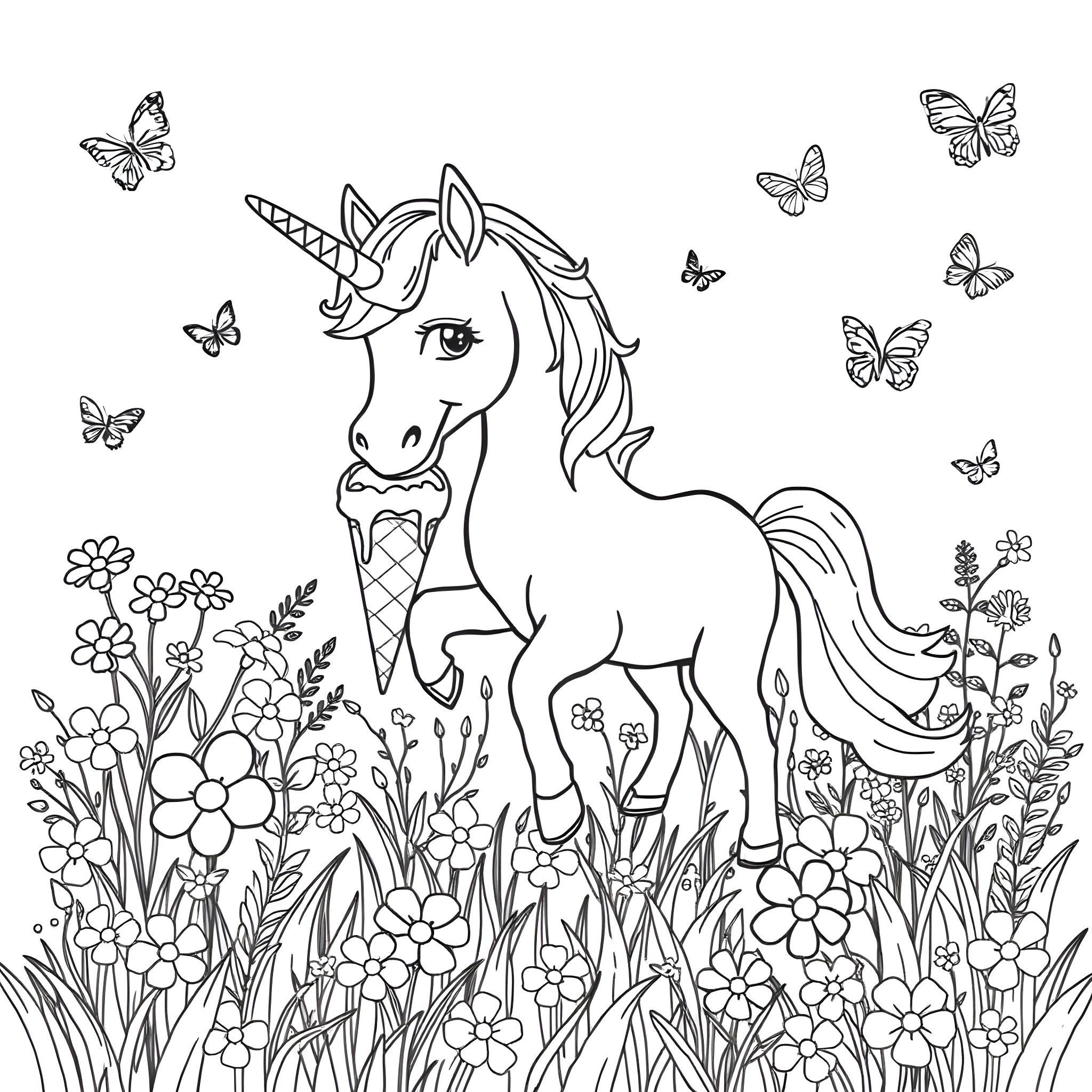 Unicorn standing amidst blooming flowers and butterflies Coloring Page (free black-and-white line drawing printable PDF for all, from beginners to advanced learners, including children, teens, adults, and seniors)