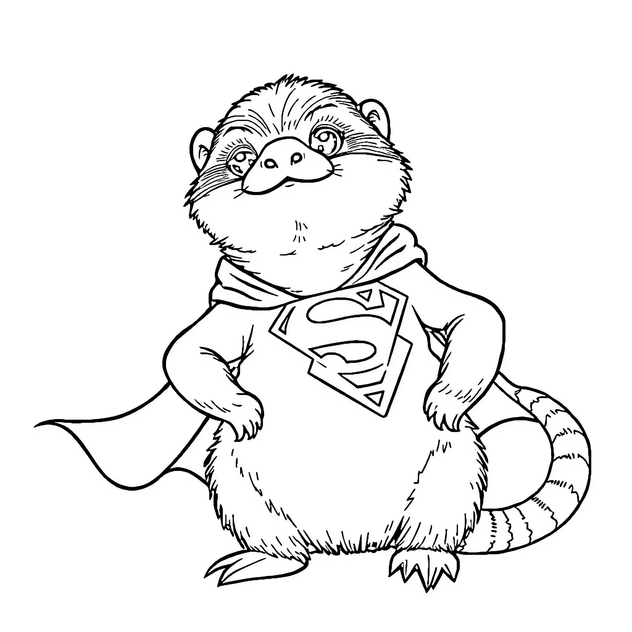 Sloth in a superhero costume Coloring Page (free black-and-white line drawing printable PDF for all, from beginners to advanced learners, including children, teens, adults, and seniors)