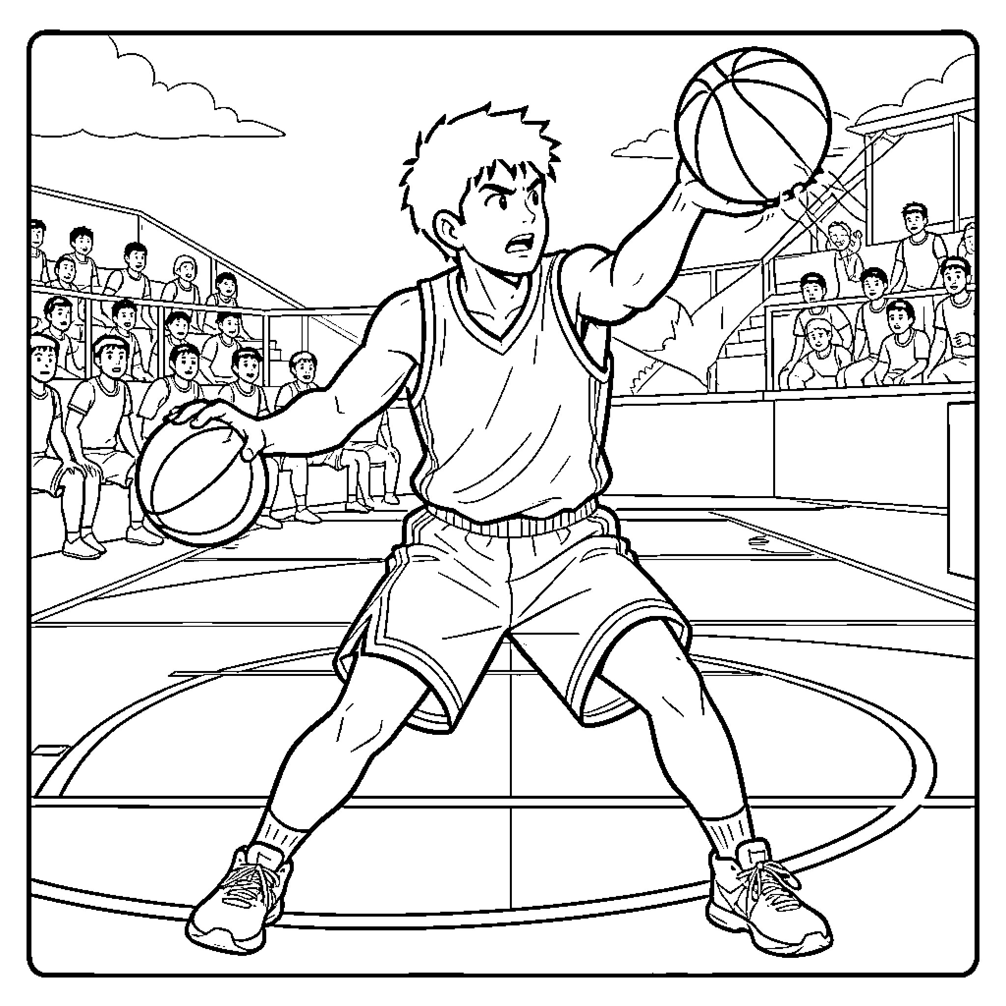 Sangoku playing basketball intensely during a match Coloring Page (free black-and-white line drawing printable PDF for all, from beginners to advanced learners, including children, teens, adults, and seniors)