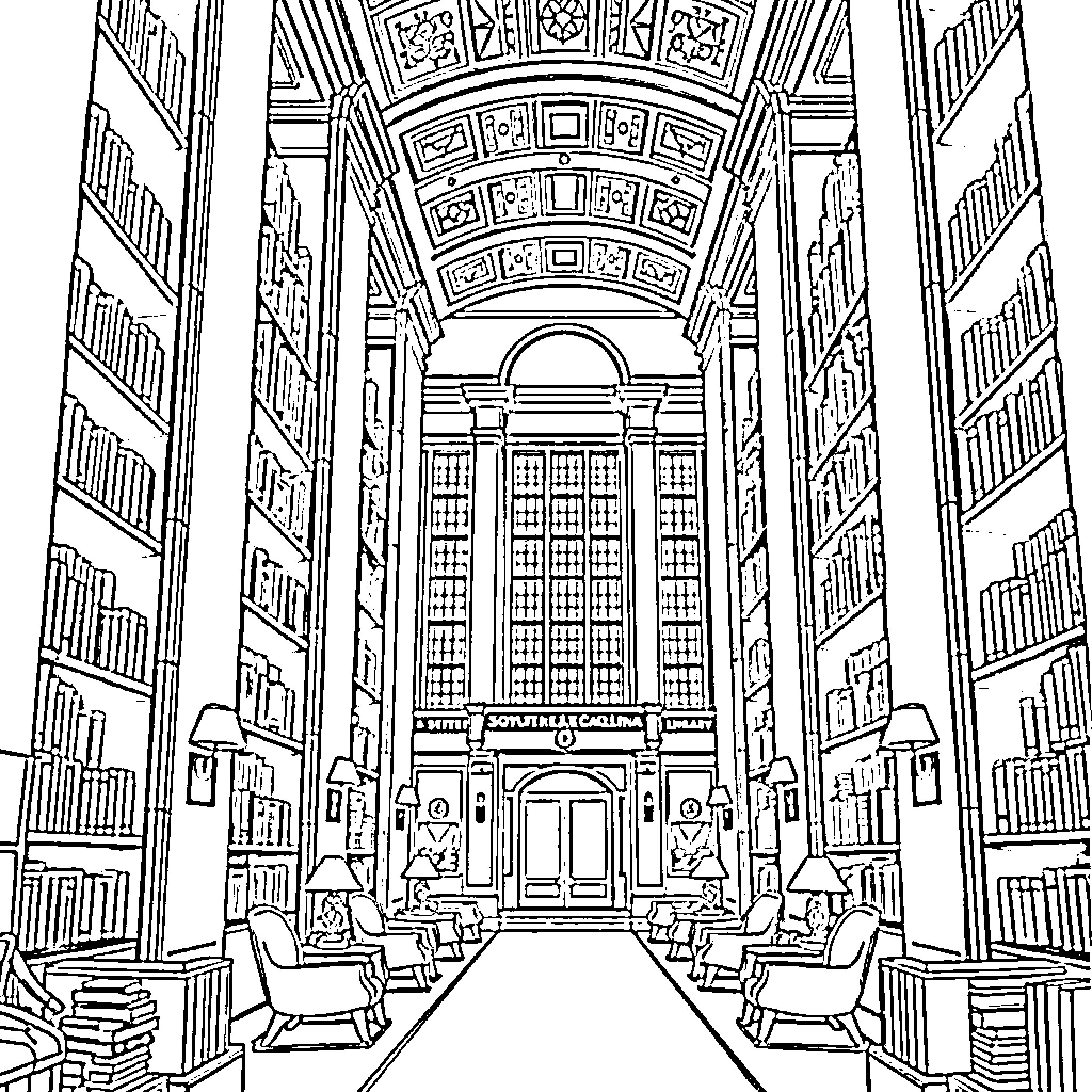 Library interior with grand architectural details Coloring Page (free black-and-white line drawing printable PDF for all, from beginners to advanced learners, including children, teens, adults, and seniors)