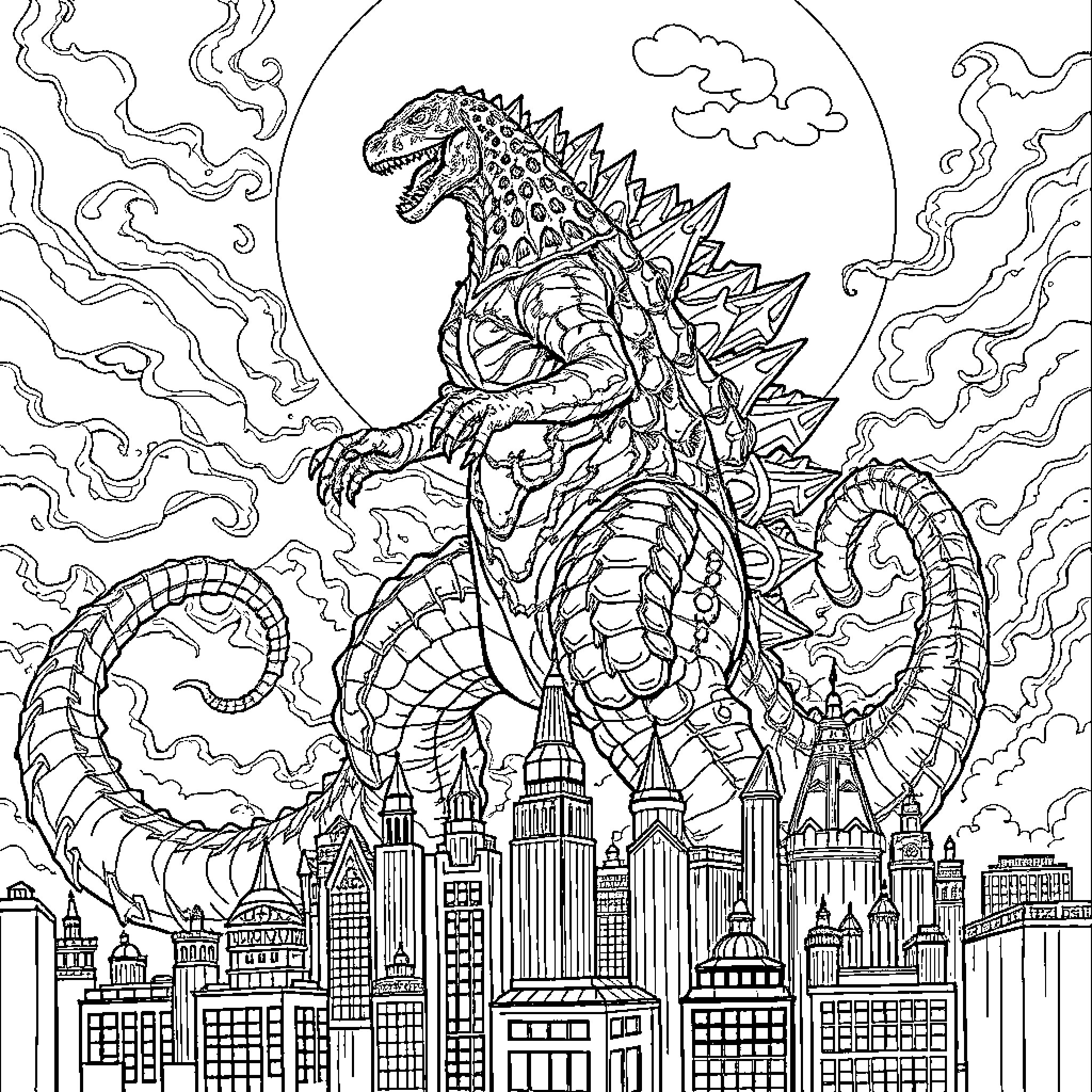 Godzilla rampaging through the city skyline Coloring Page (free black-and-white line drawing printable PDF for all, from beginners to advanced learners, including children, teens, adults, and seniors)
