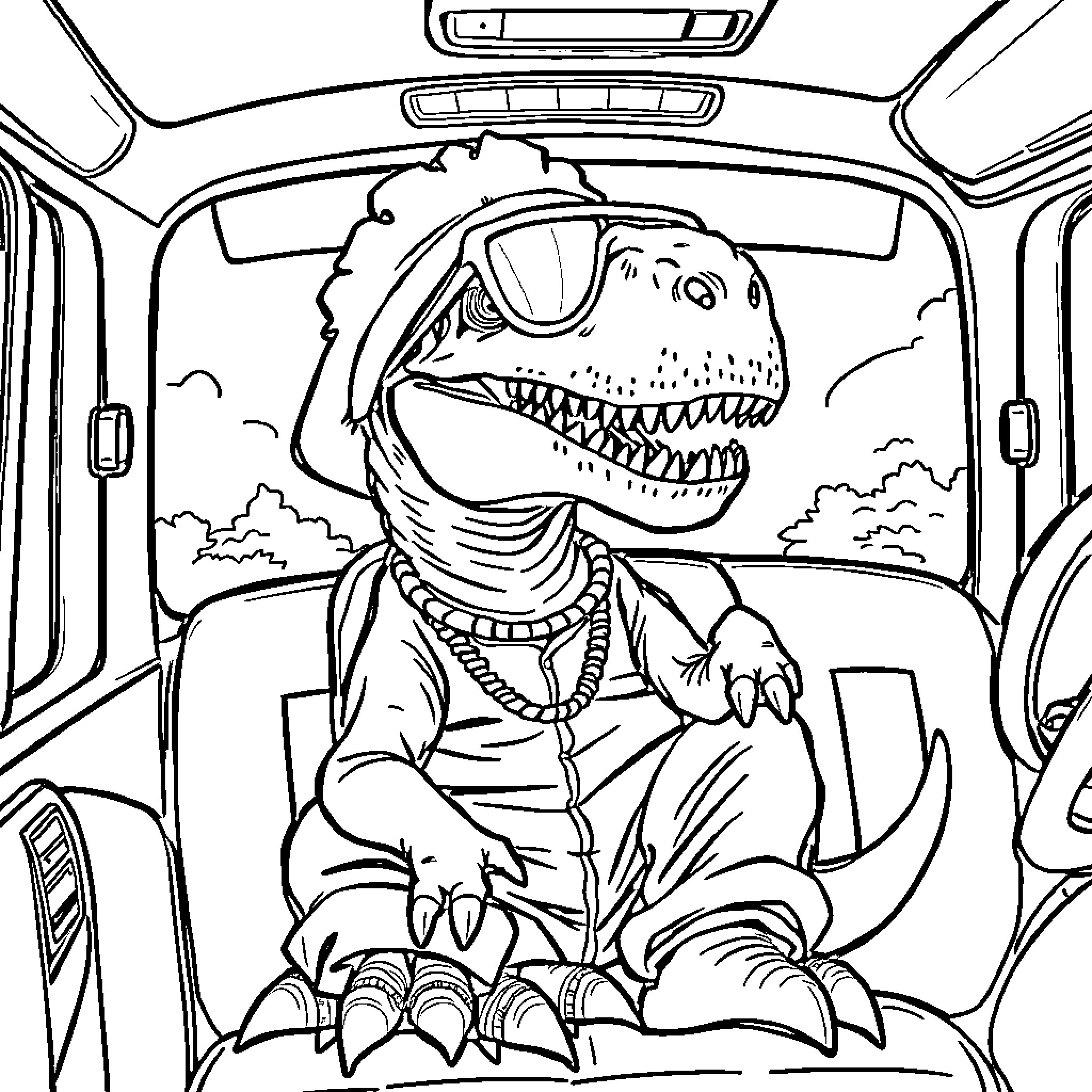 T-Rex riding happily in the car Coloring Page (free black-and-white line drawing printable PDF for all, from beginners to advanced learners, including children, teens, adults, and seniors)