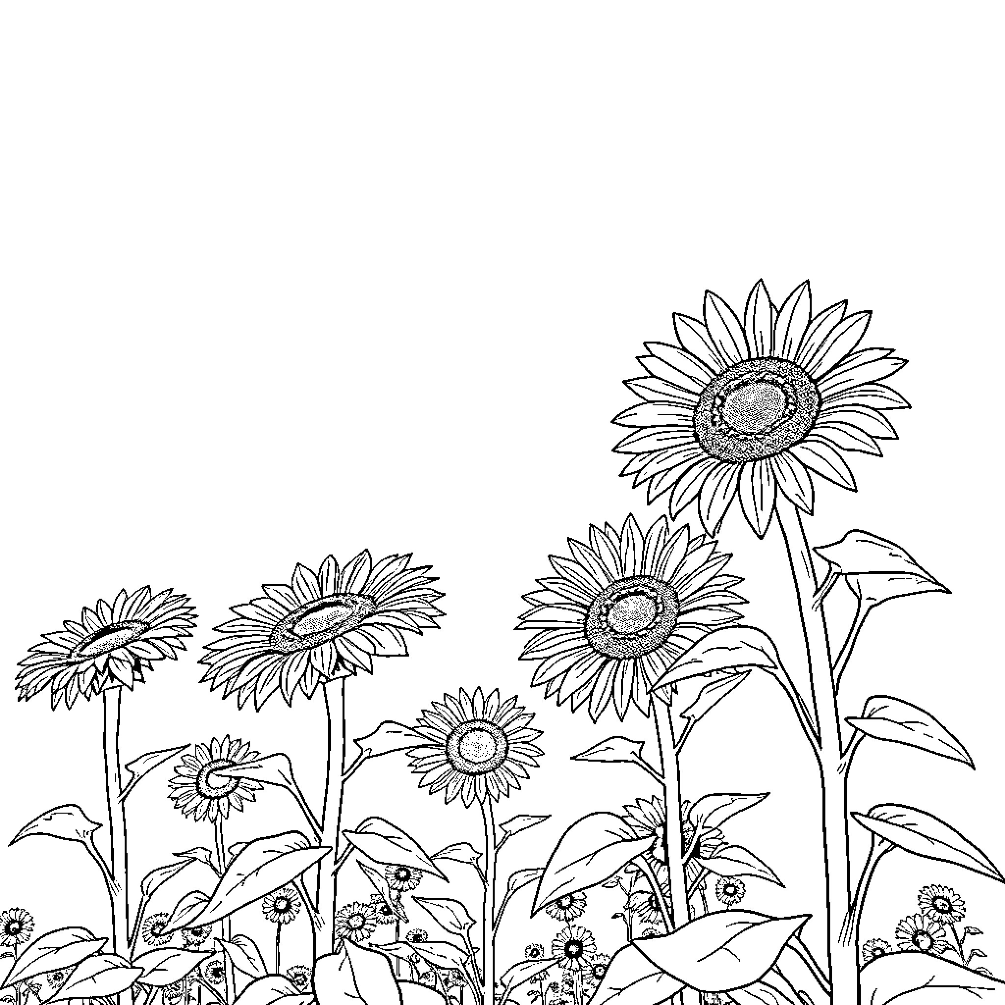 Sunflowers in a field Coloring Page (free black-and-white line drawing printable PDF for all, from beginners to advanced learners, including children, teens, adults, and seniors)