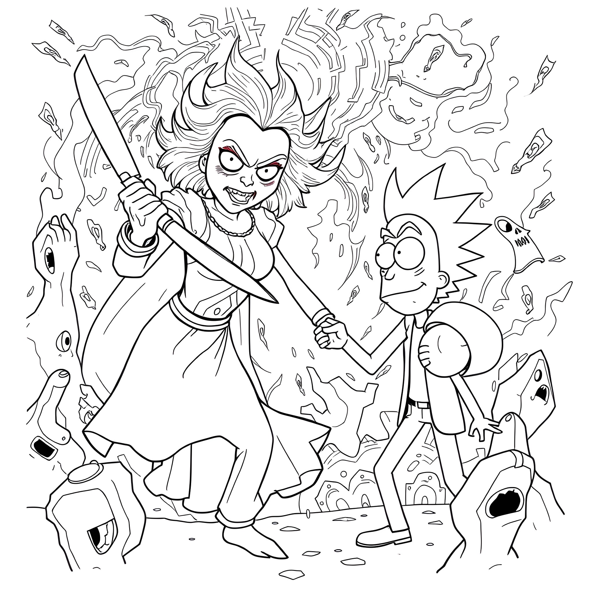 Chucky's Chaotic Chaos Coloring Page (free black-and-white line drawing printable PDF for all, from beginners to advanced learners, including children, teens, adults, and seniors)