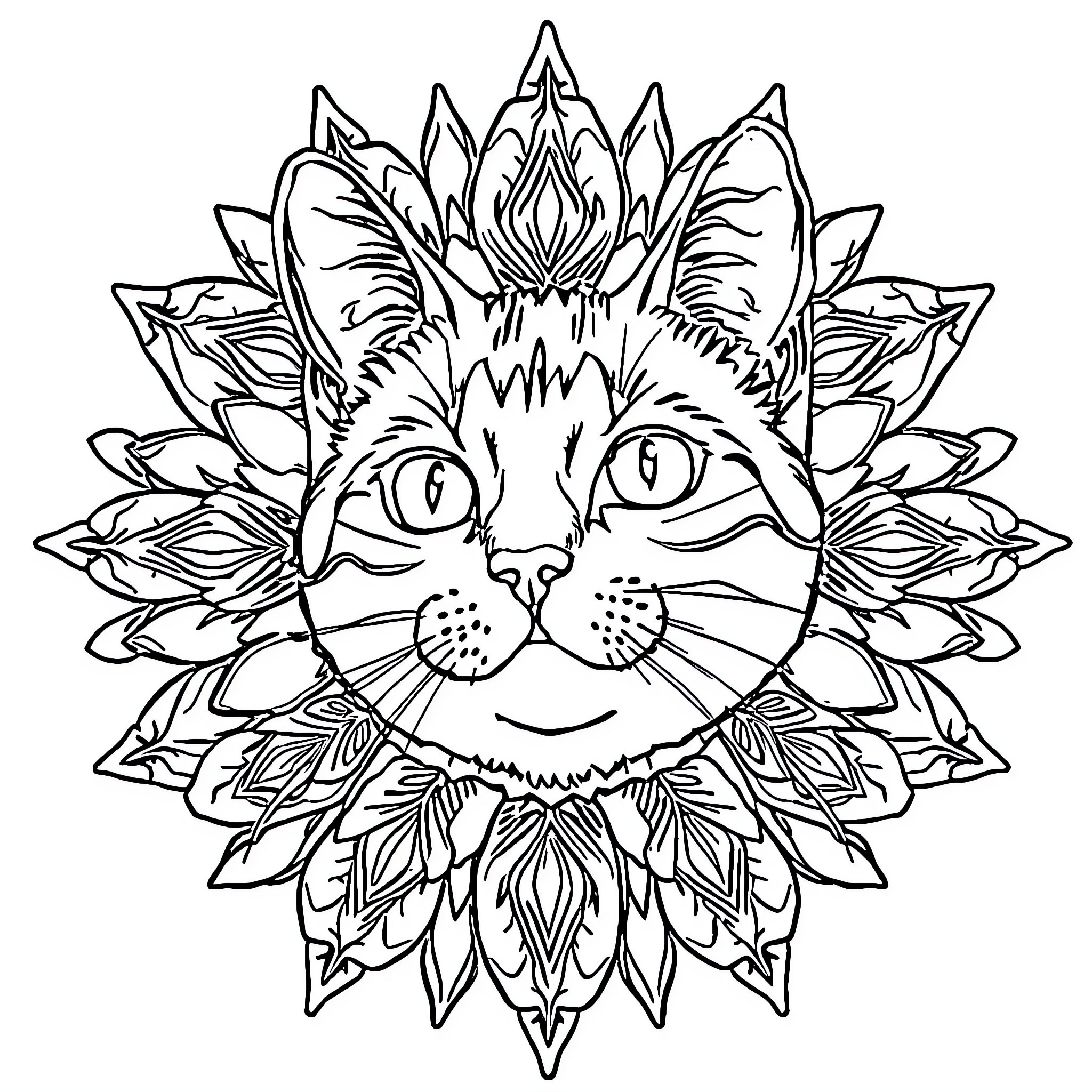 Cat with intricate floral patterns Coloring Page (free black-and-white line drawing printable PDF for all, from beginners to advanced learners, including children, teens, adults, and seniors)