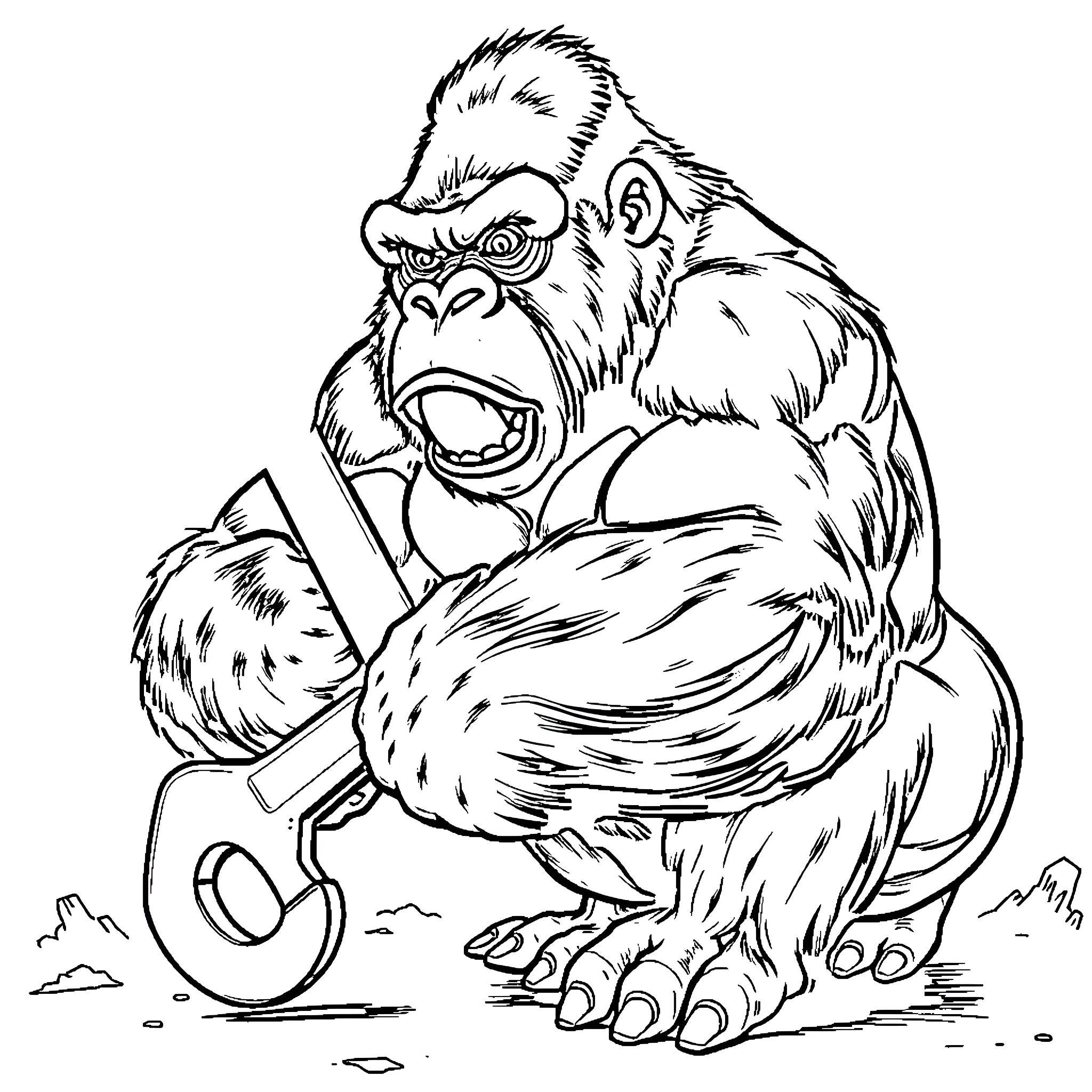 Gorilla with a pair of pliers Coloring Page (free black-and-white line drawing printable PDF for all, from beginners to advanced learners, including children, teens, adults, and seniors)