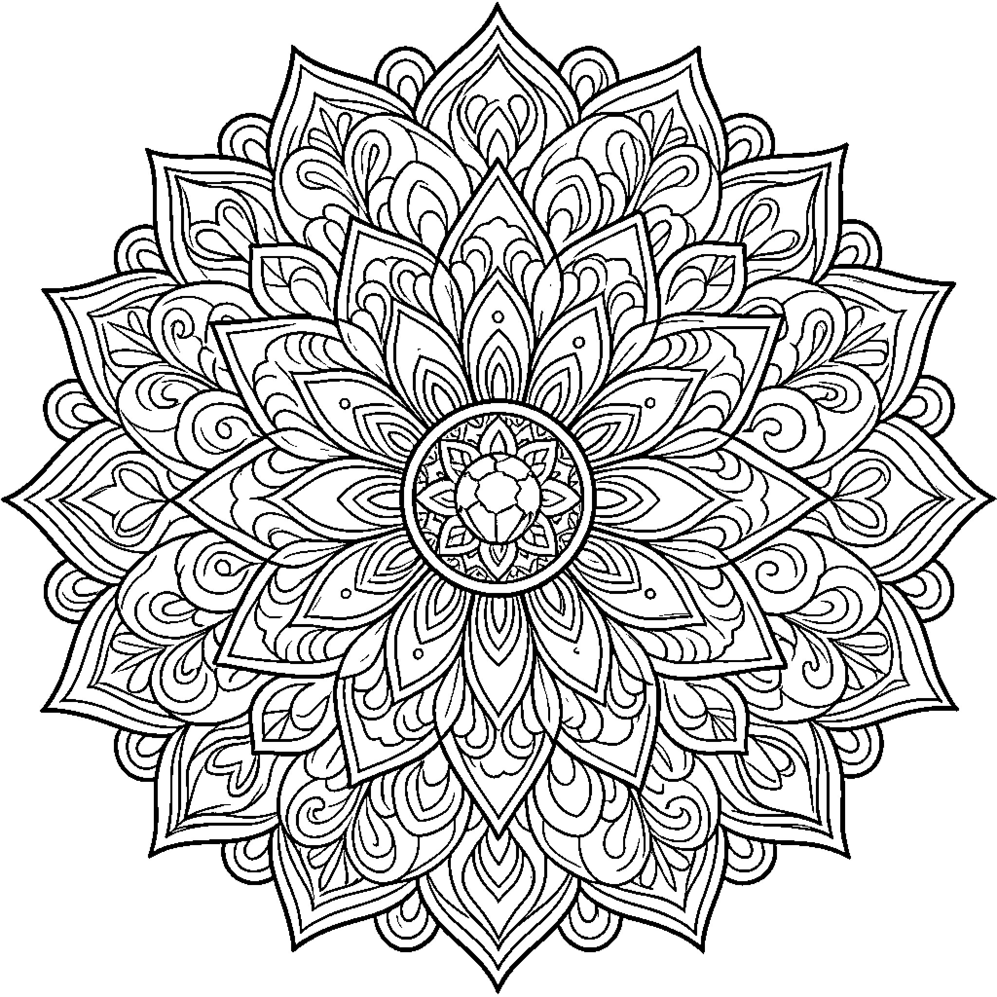 Mandala with intricate floral and petal patterns Coloring Page (free black-and-white line drawing printable PDF for all, from beginners to advanced learners, including children, teens, adults, and seniors)