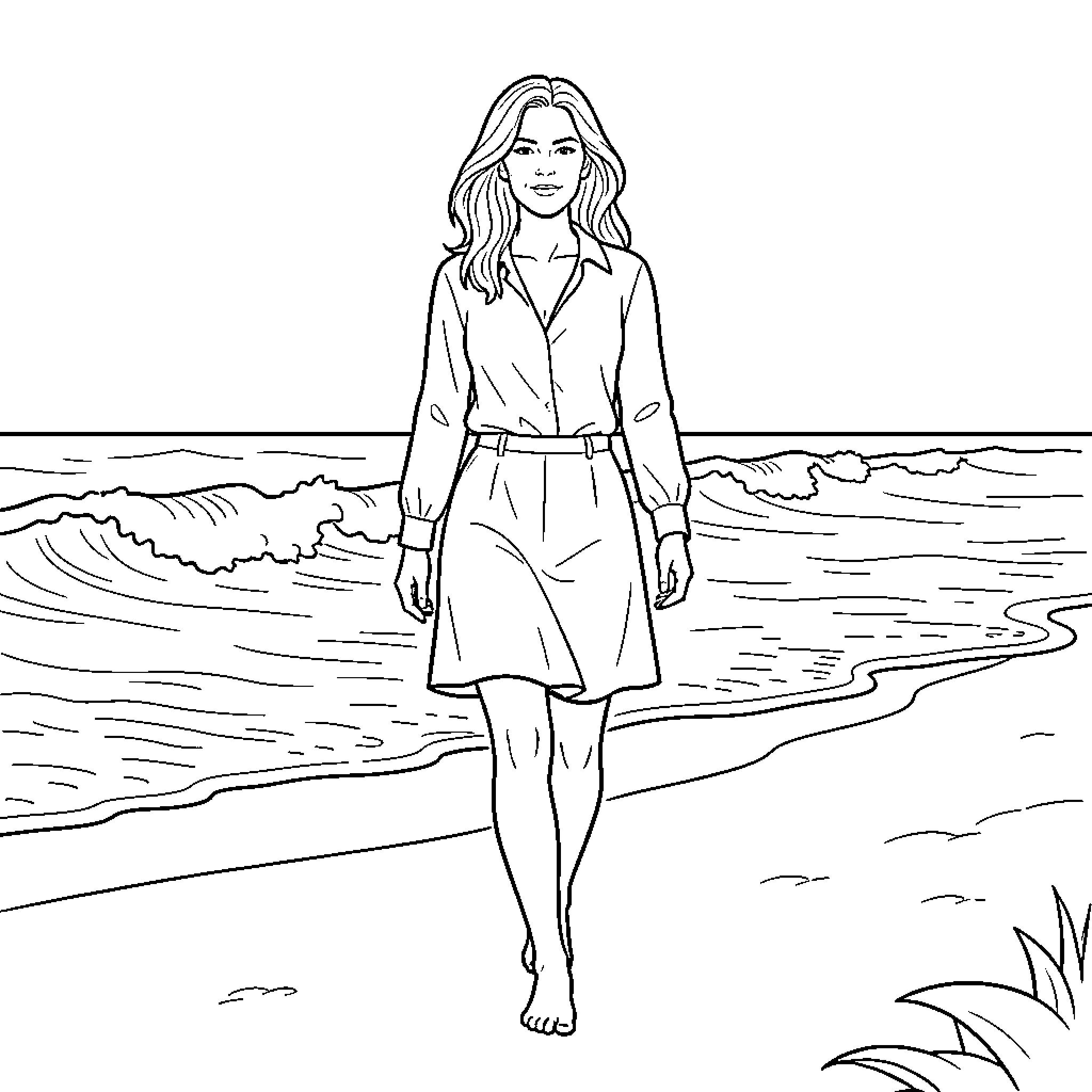 Demi Moore walking gracefully along the beach shoreline Coloring Page (free black-and-white line drawing printable PDF for all, from beginners to advanced learners, including children, teens, adults, and seniors)