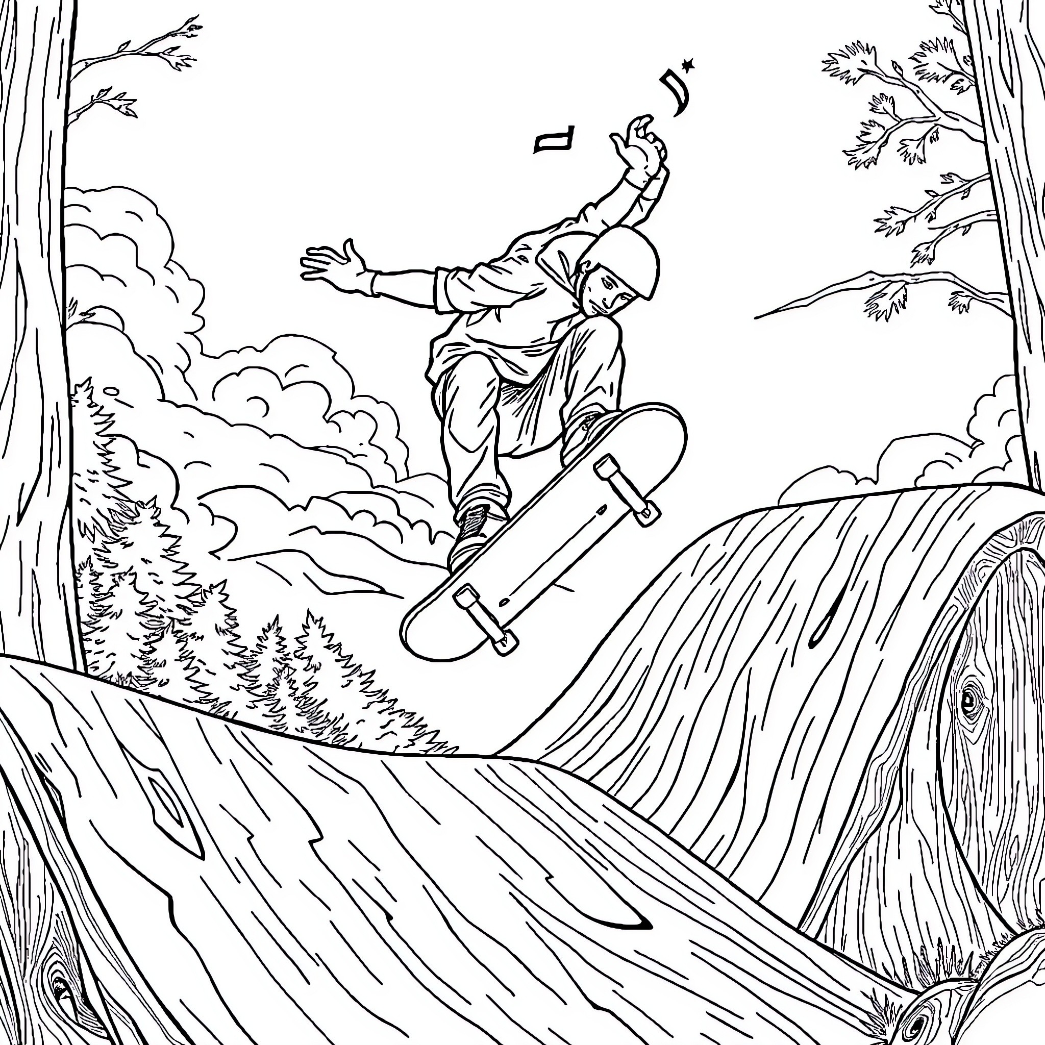 Skateboard adventure in the wilderness Coloring Page (free black-and-white line drawing printable PDF for all, from beginners to advanced learners, including children, teens, adults, and seniors)