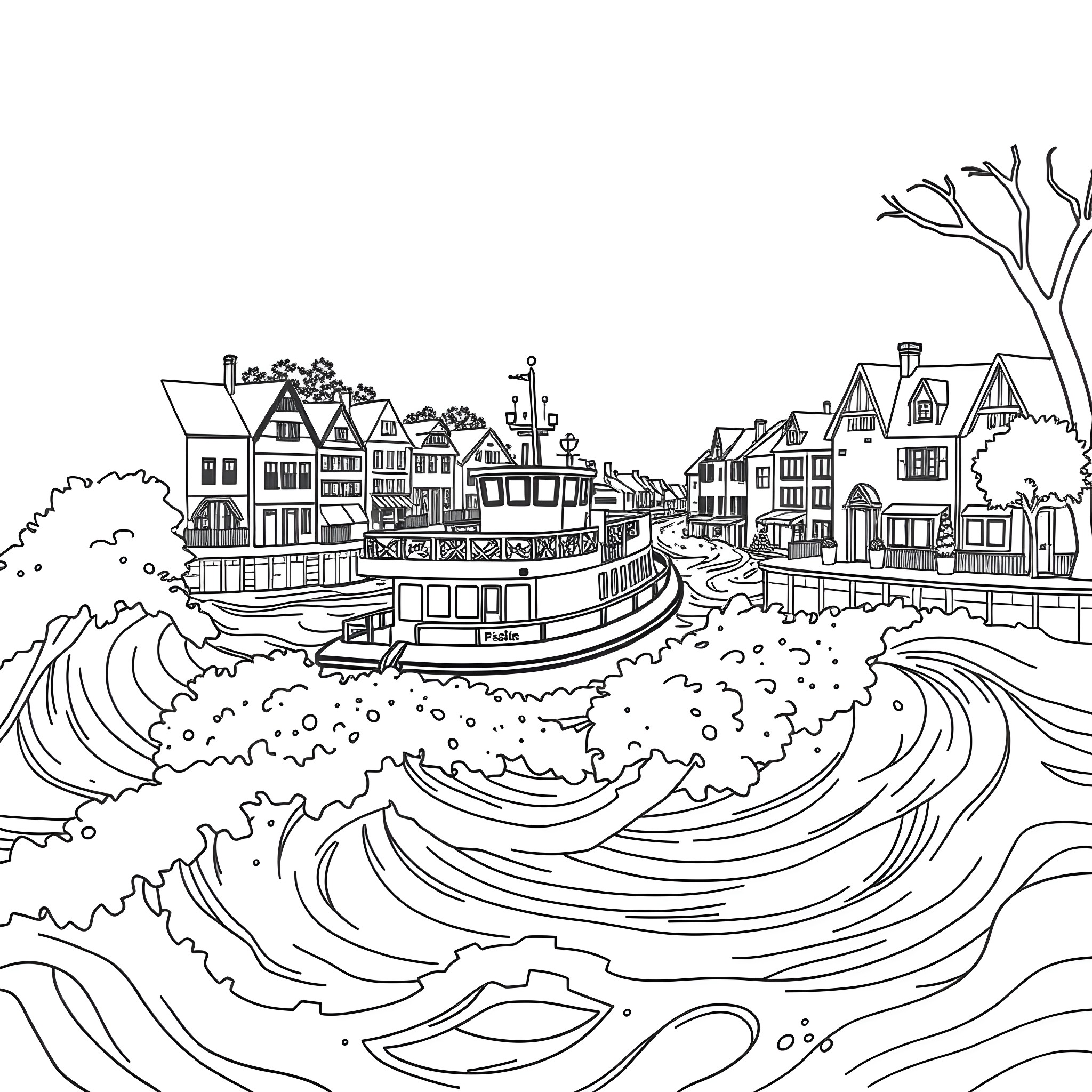 Ferry Crossing a Turbulent River in a Coastal Town Coloring Page (free black-and-white line drawing printable PDF for all, from beginners to advanced learners, including children, teens, adults, and seniors)
