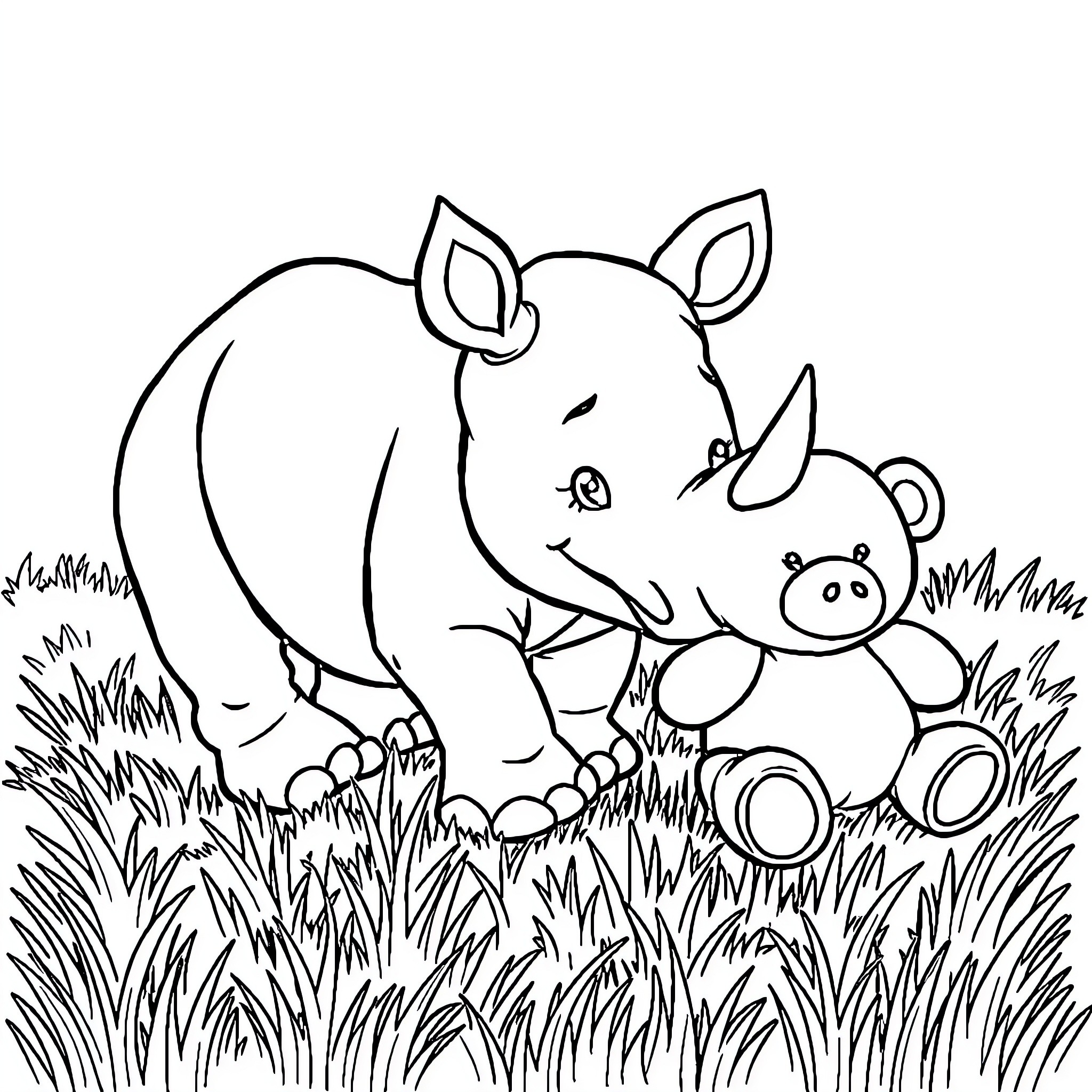 Rhino and Baby Rhino in the Grassy Field Coloring Page (free black-and-white line drawing printable PDF for all, from beginners to advanced learners, including children, teens, adults, and seniors)