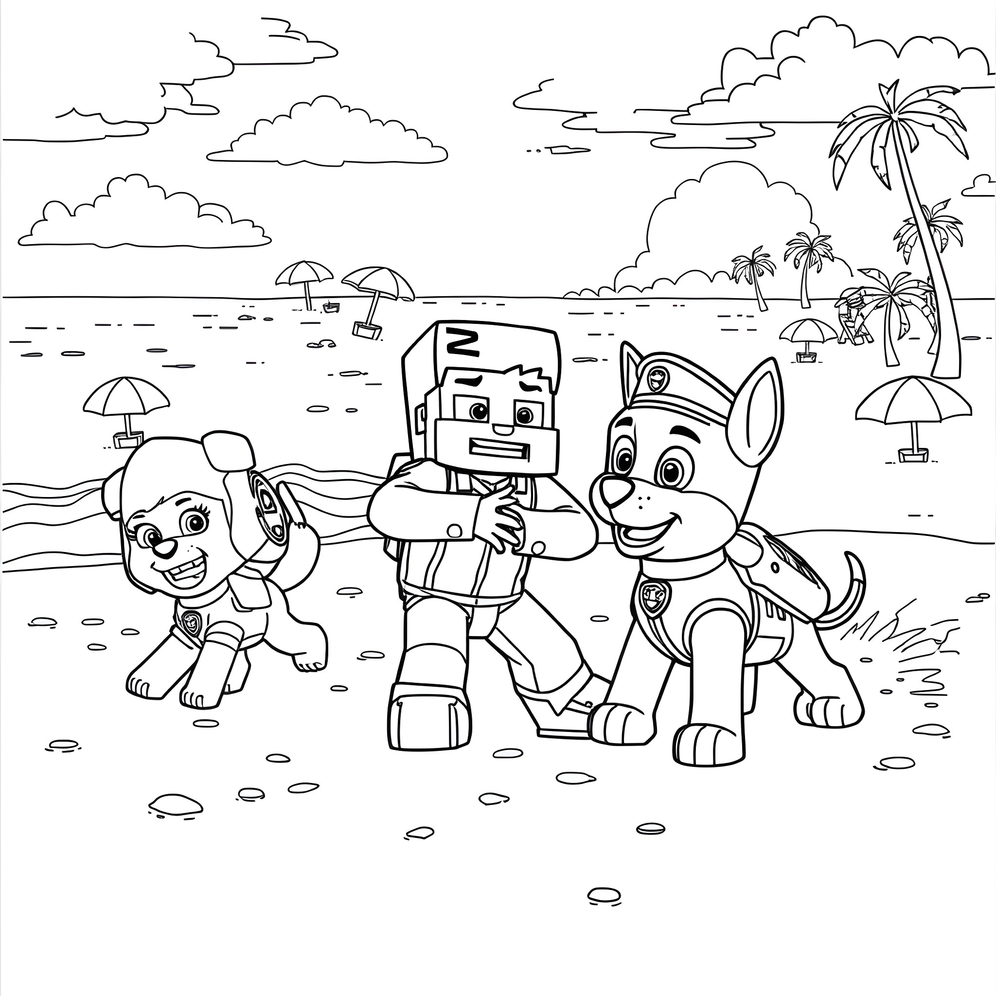 Minecraft Character Exploring Tropical Beach with Dog Coloring Page (free black-and-white line drawing printable PDF for all, from beginners to advanced learners, including children, teens, adults, and seniors)