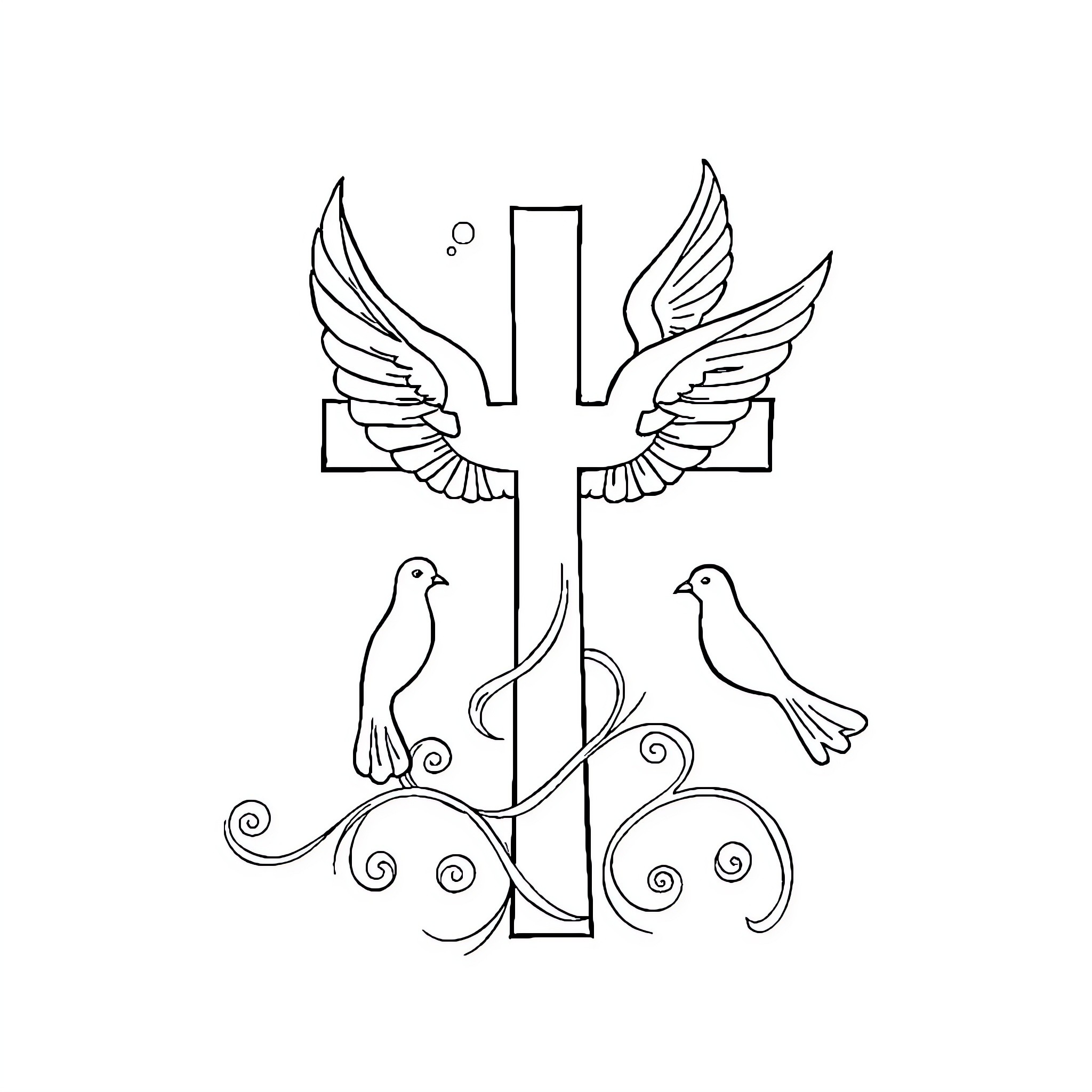 Dove with cross and doves symbolizing faith Coloring Page (free black-and-white line drawing printable PDF for all, from beginners to advanced learners, including children, teens, adults, and seniors)