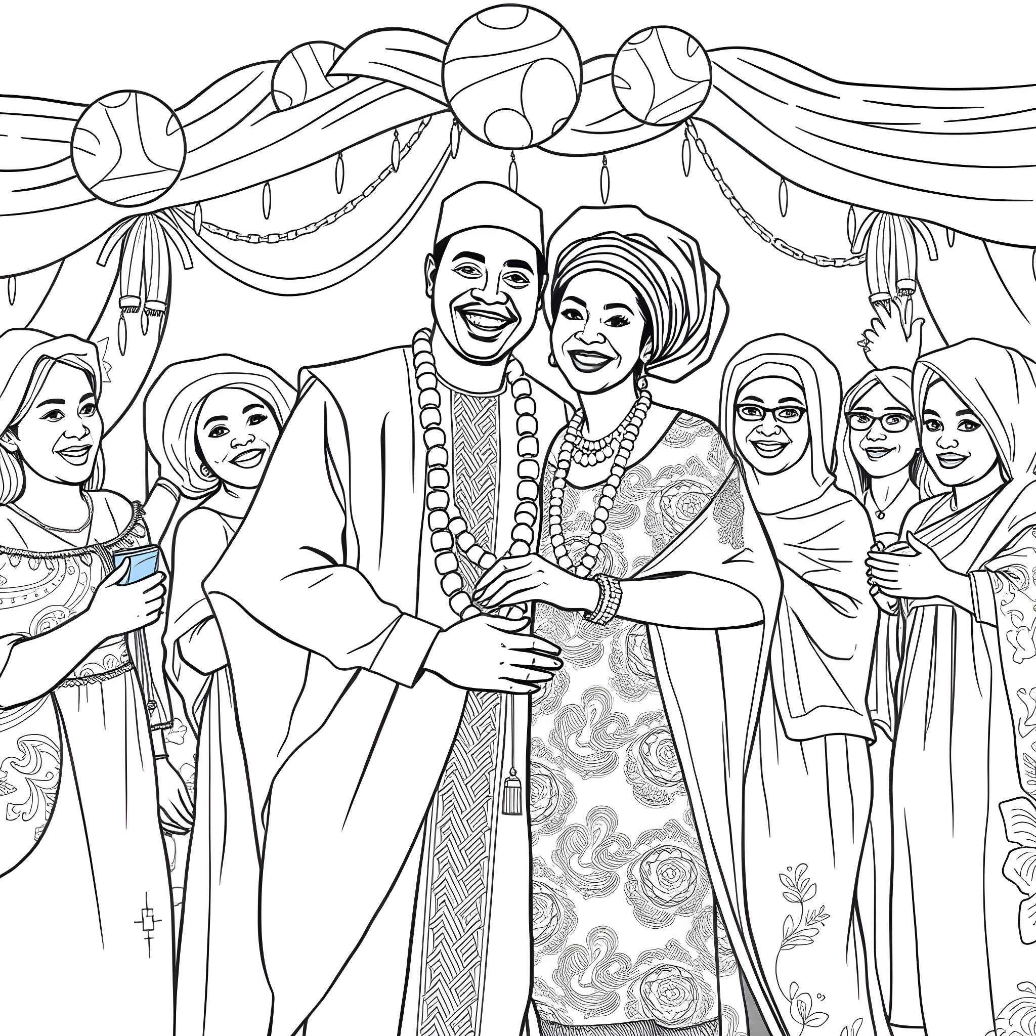 Couple celebrating in traditional ceremonial attire Coloring Page (free black-and-white line drawing printable PDF for all, from beginners to advanced learners, including children, teens, adults, and seniors)