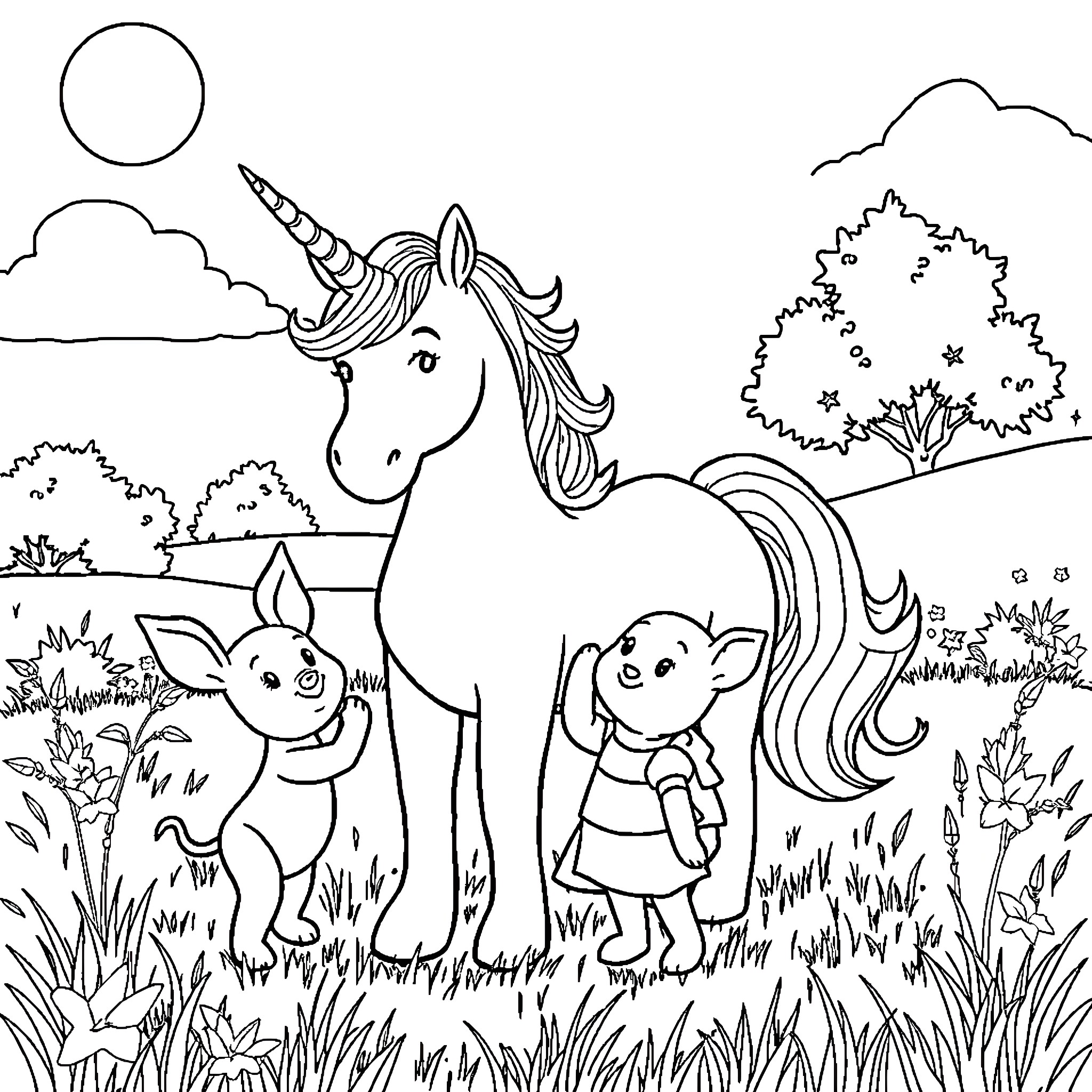 Unicorn and friends explore whimsical woodland scene Coloring Page (free black-and-white line drawing printable PDF for all, from beginners to advanced learners, including children, teens, adults, and seniors)