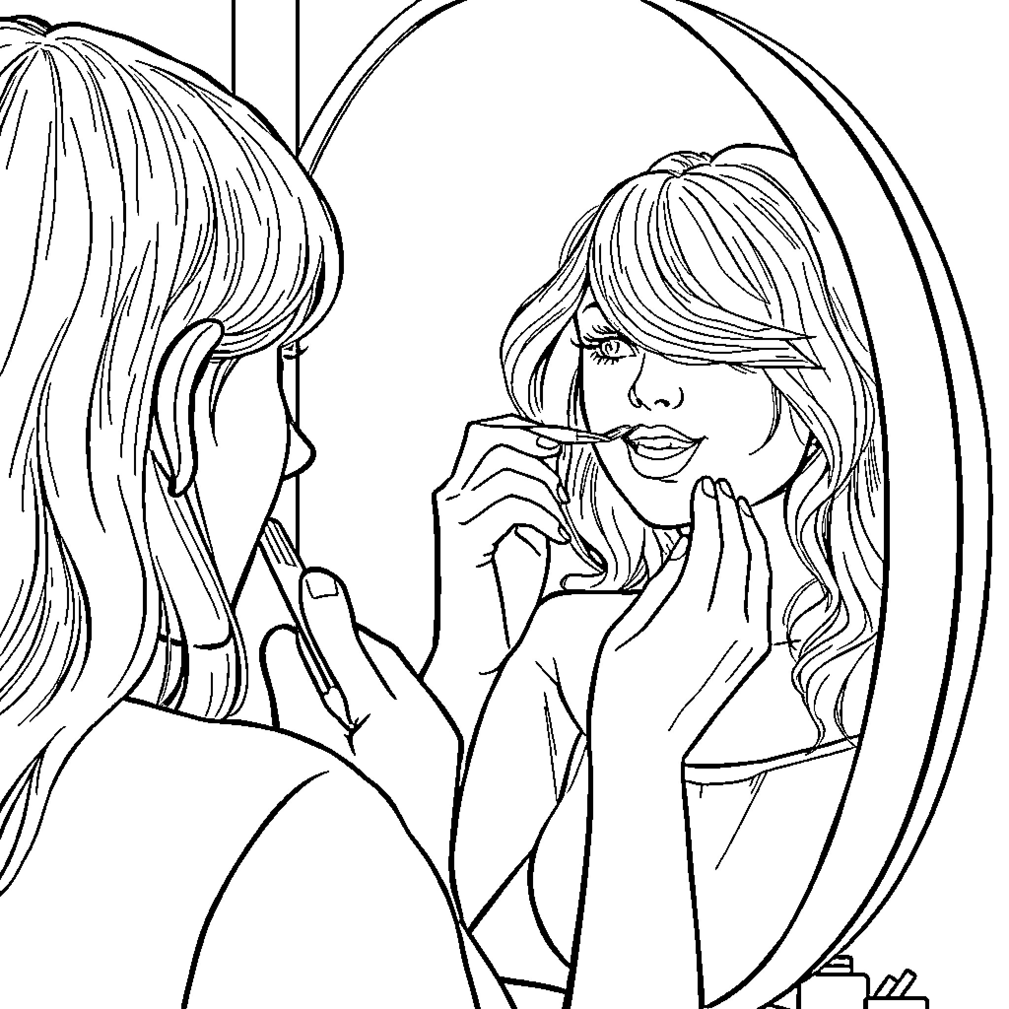 Taylor Swift in contemplative pose by mirror Coloring Page (free black-and-white line drawing printable PDF for all, from beginners to advanced learners, including children, teens, adults, and seniors)