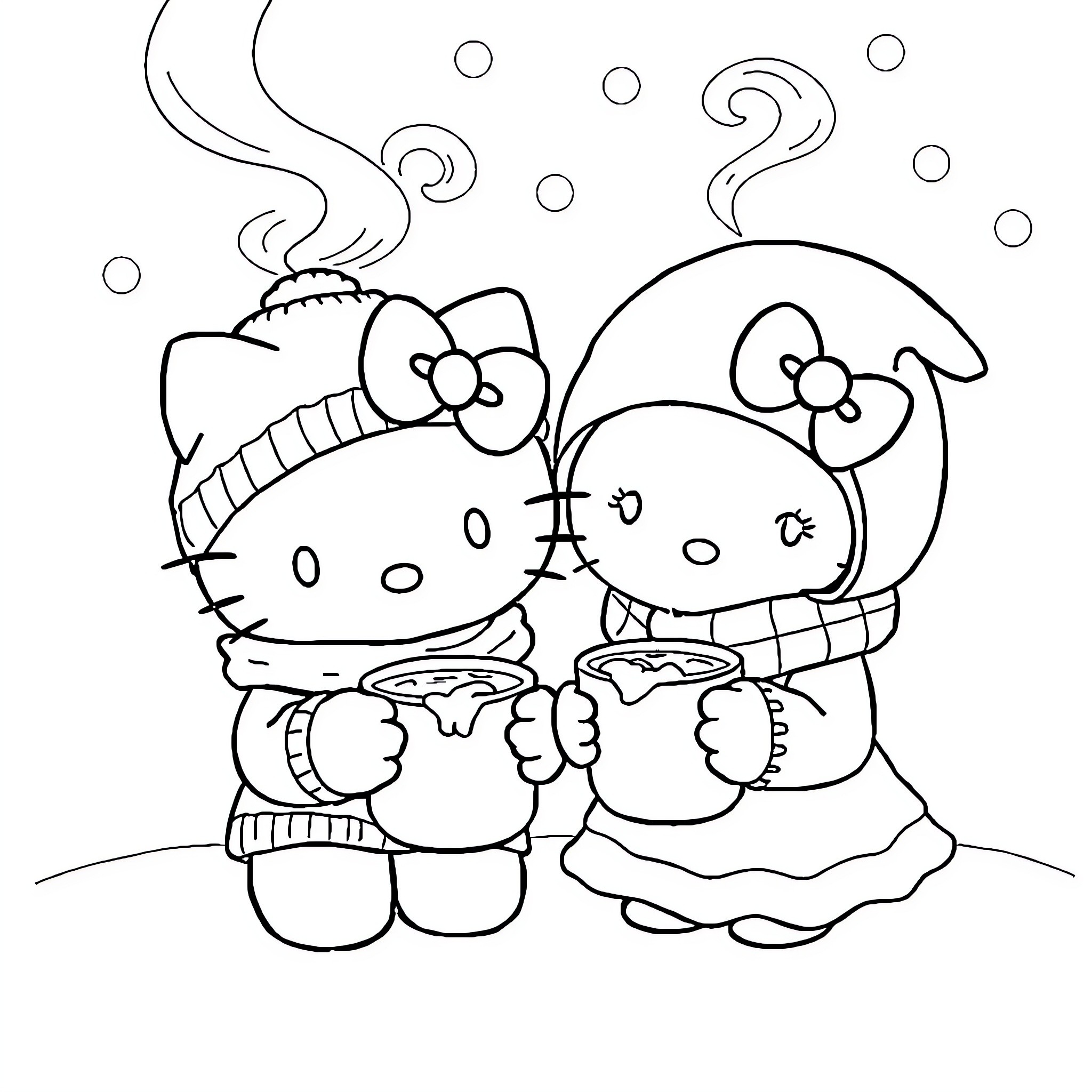 Hello Kitty enjoying hot drinks with friend Coloring Page (free black-and-white line drawing printable PDF for all, from beginners to advanced learners, including children, teens, adults, and seniors)