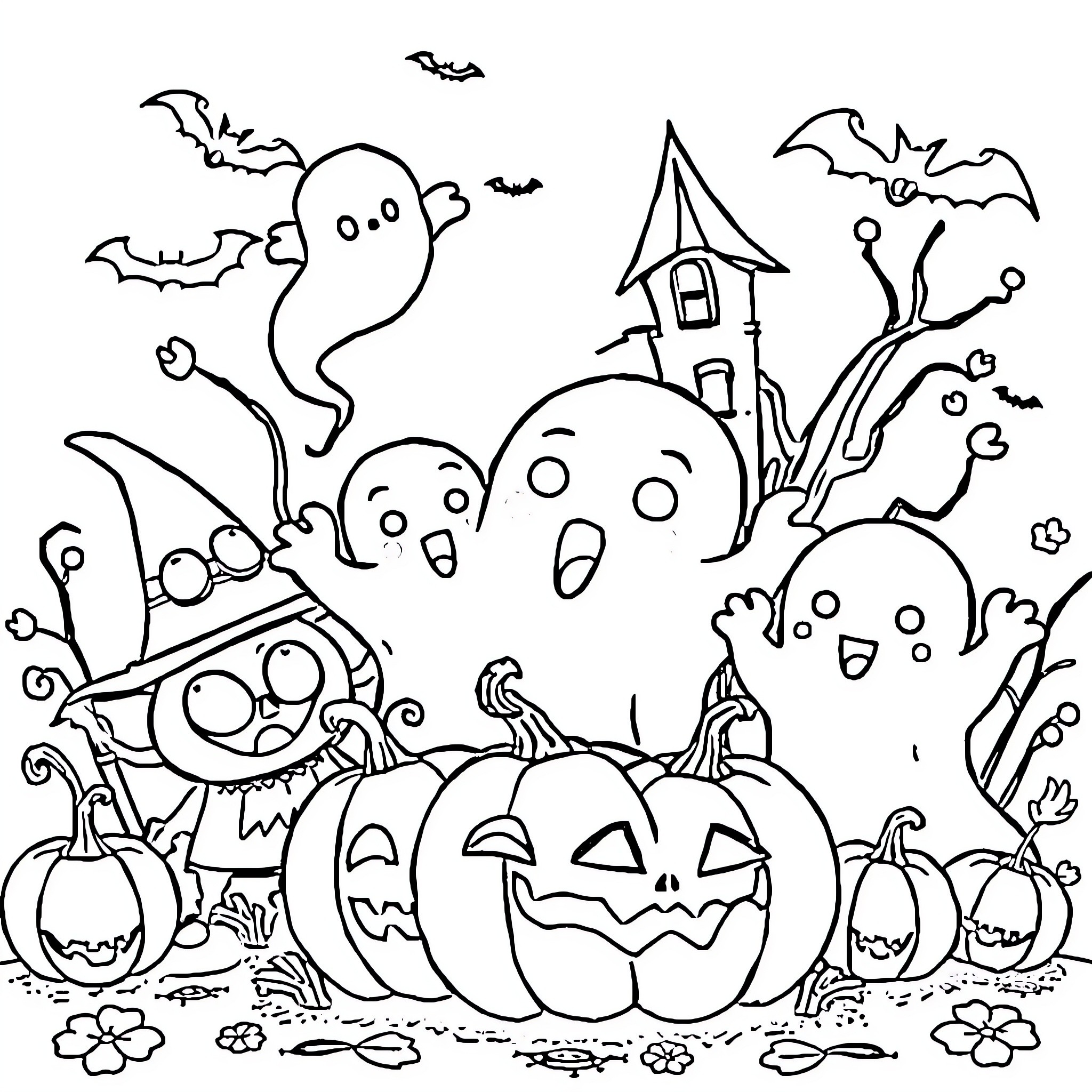 Halloween Haunted Scene with Pumpkins and Ghosts Coloring Page (free black-and-white line drawing printable PDF for all, from beginners to advanced learners, including children, teens, adults, and seniors)