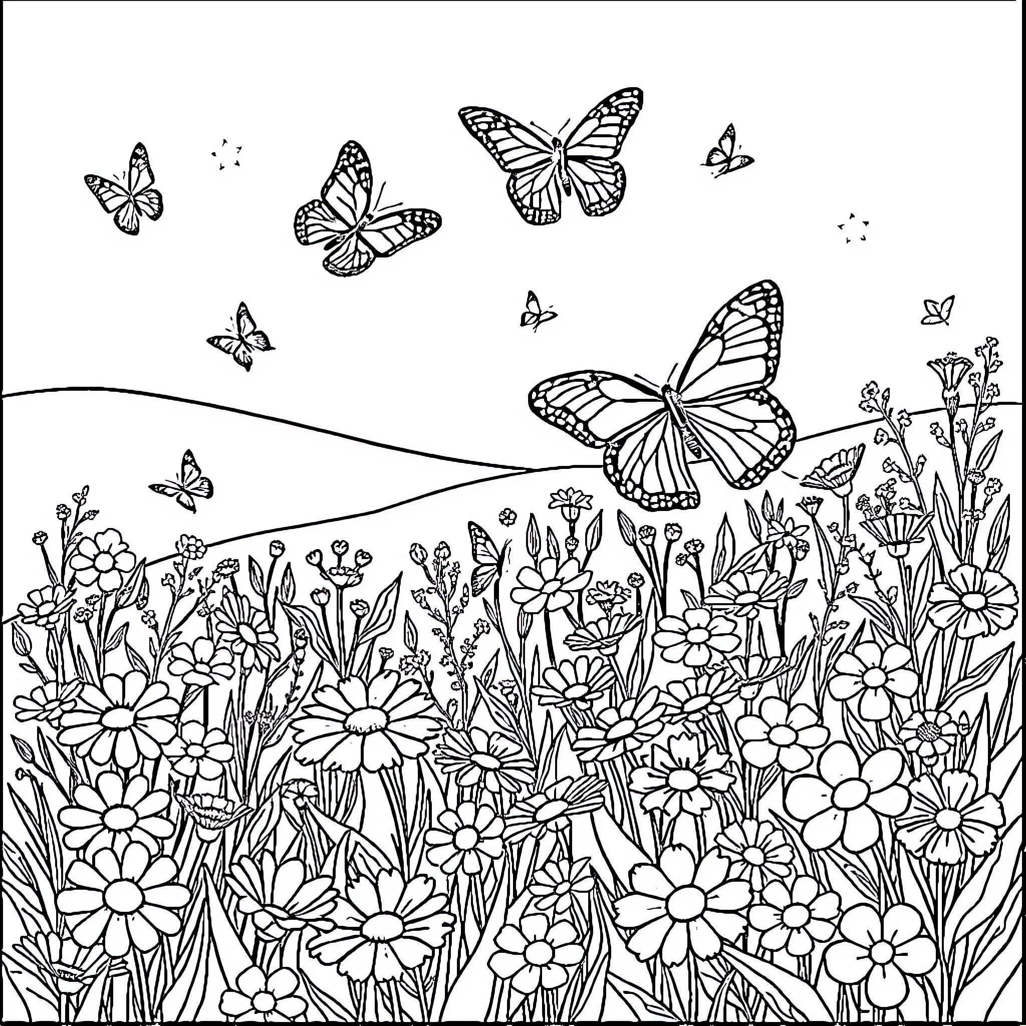Butterfly Garden Delight Coloring Page (free black-and-white line drawing printable PDF for all, from beginners to advanced learners, including children, teens, adults, and seniors)