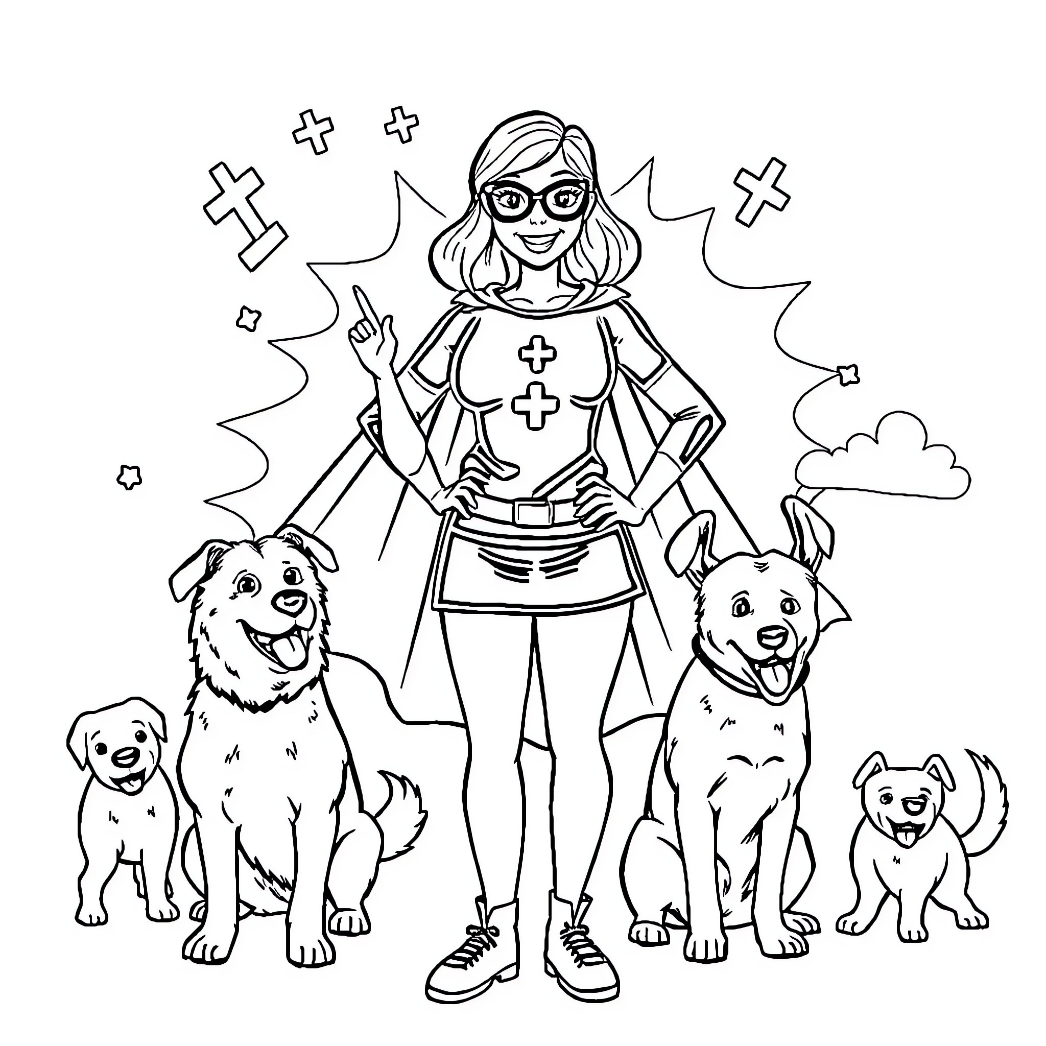 Teacher helping cheerful dogs in the park Coloring Page (free black-and-white line drawing printable PDF for all, from beginners to advanced learners, including children, teens, adults, and seniors)