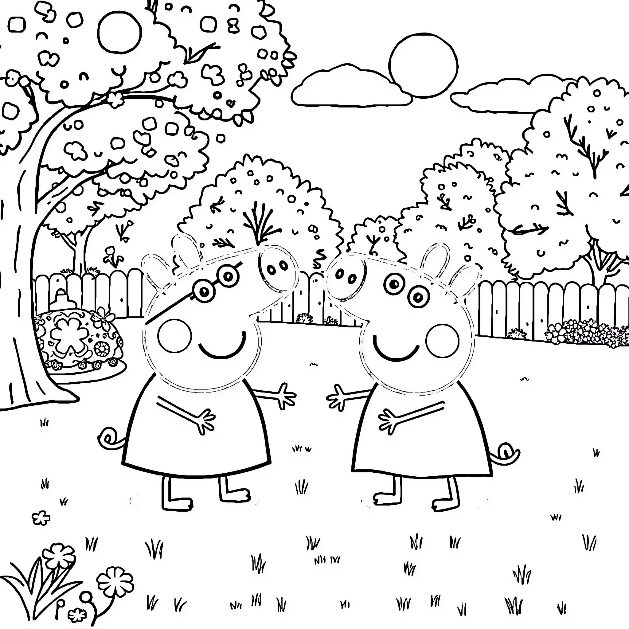 Peppa Pig and Friends Explore the Enchanting Outdoor Scene Coloring Page (free black-and-white line drawing printable PDF for all, from beginners to advanced learners, including children, teens, adults, and seniors)