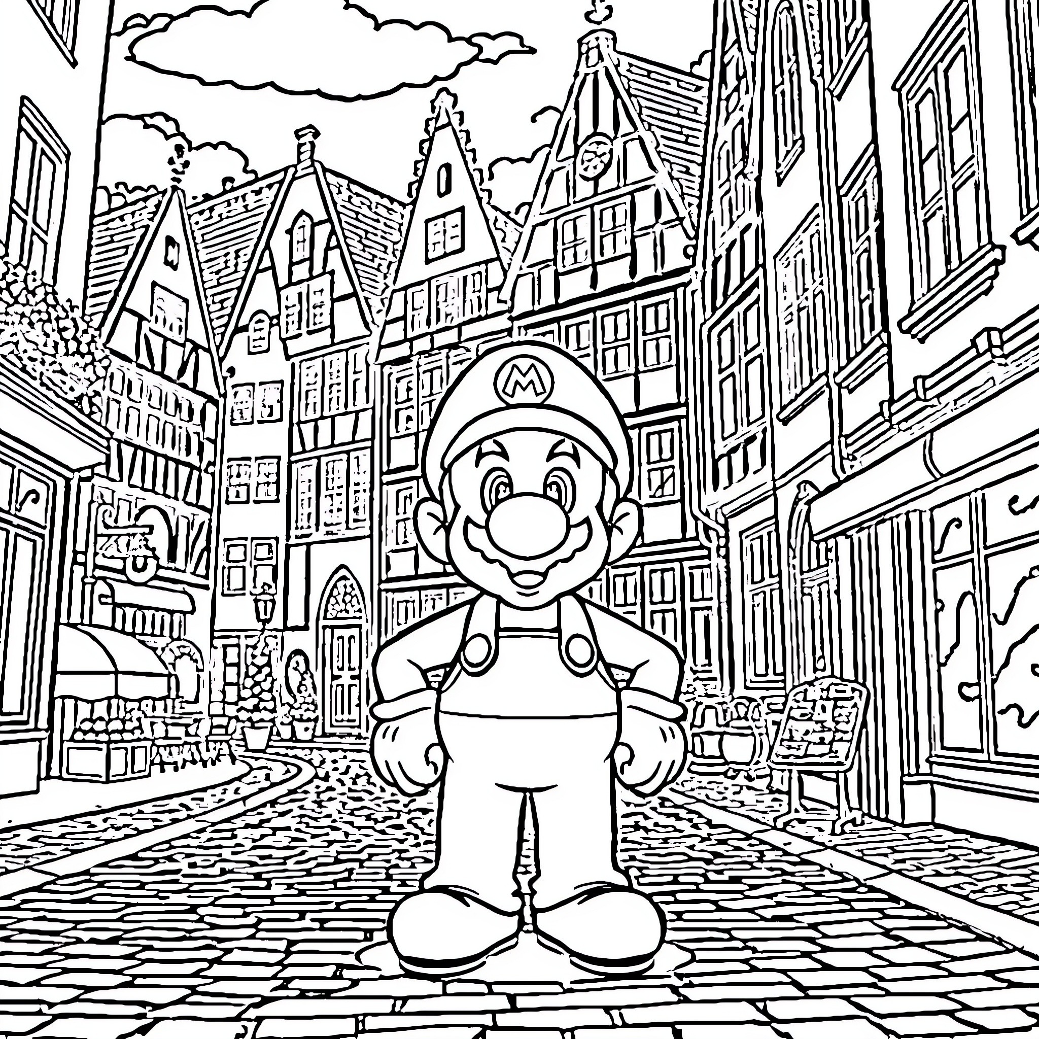 Mario exploring a colorful European city Coloring Page (free black-and-white line drawing printable PDF for all, from beginners to advanced learners, including children, teens, adults, and seniors)