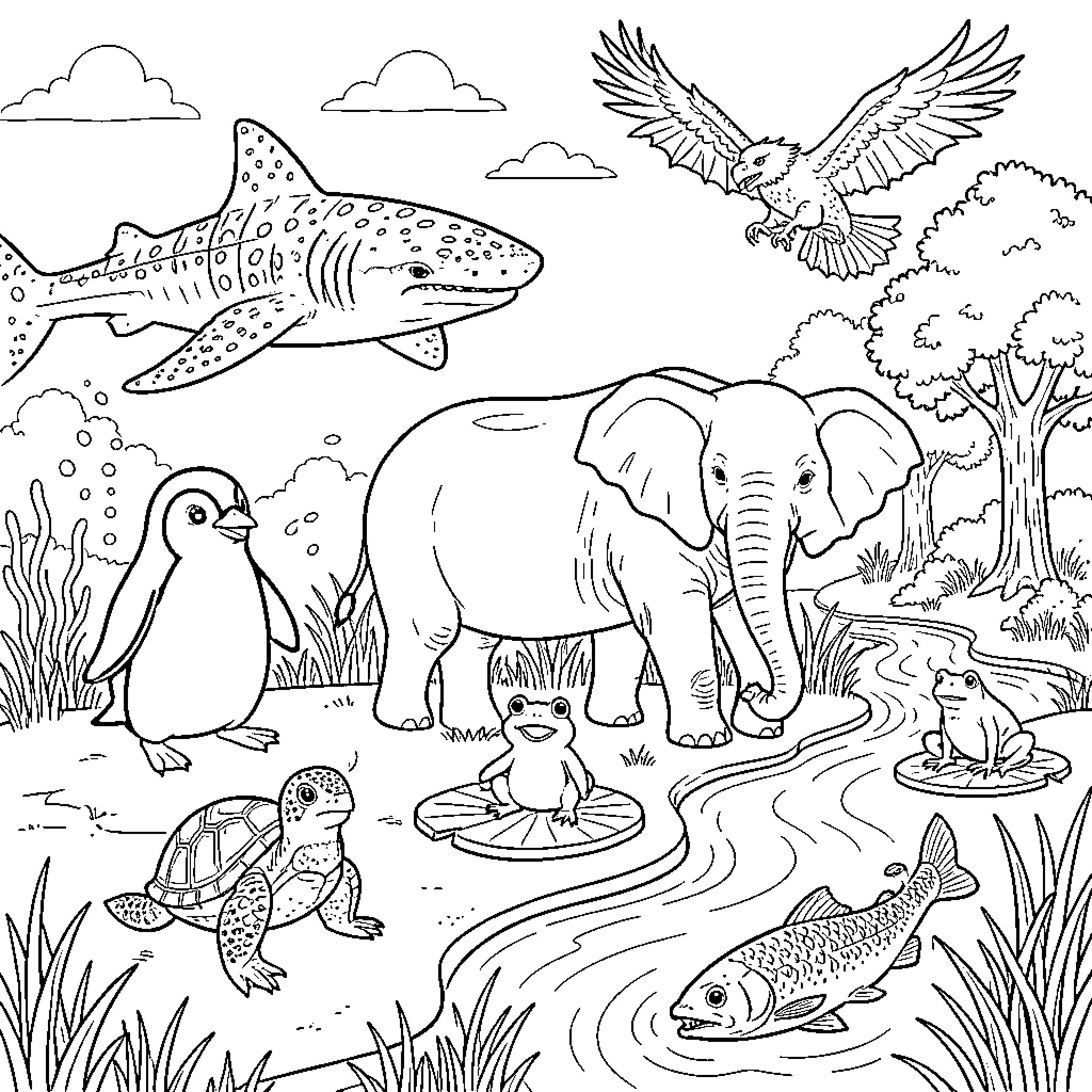 Animal Wildlife Scene with Diverse Creatures Coloring Page (free black-and-white line drawing printable PDF for all, from beginners to advanced learners, including children, teens, adults, and seniors)