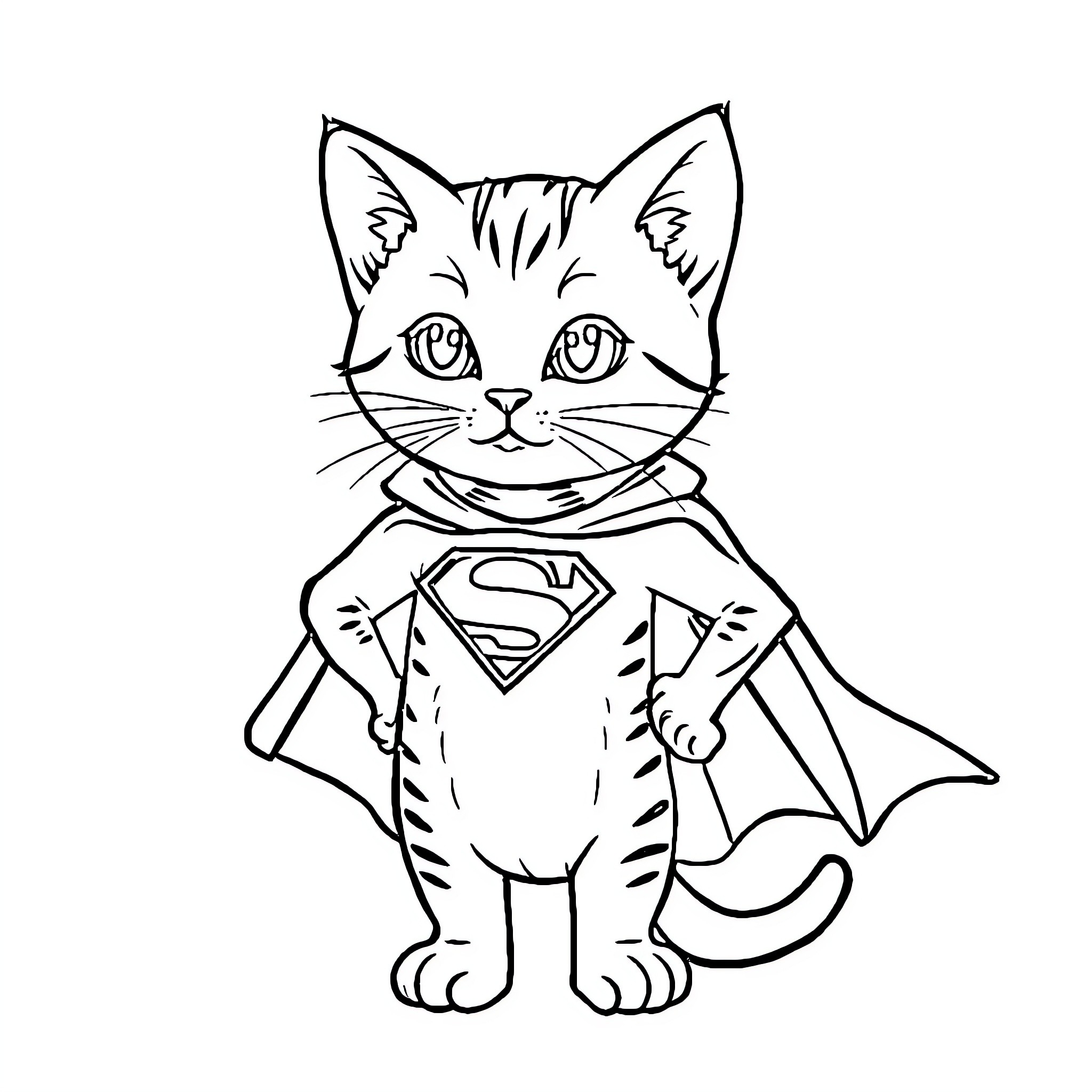 Cat superhero in costume Coloring Page (free black-and-white line drawing printable PDF for all, from beginners to advanced learners, including children, teens, adults, and seniors)