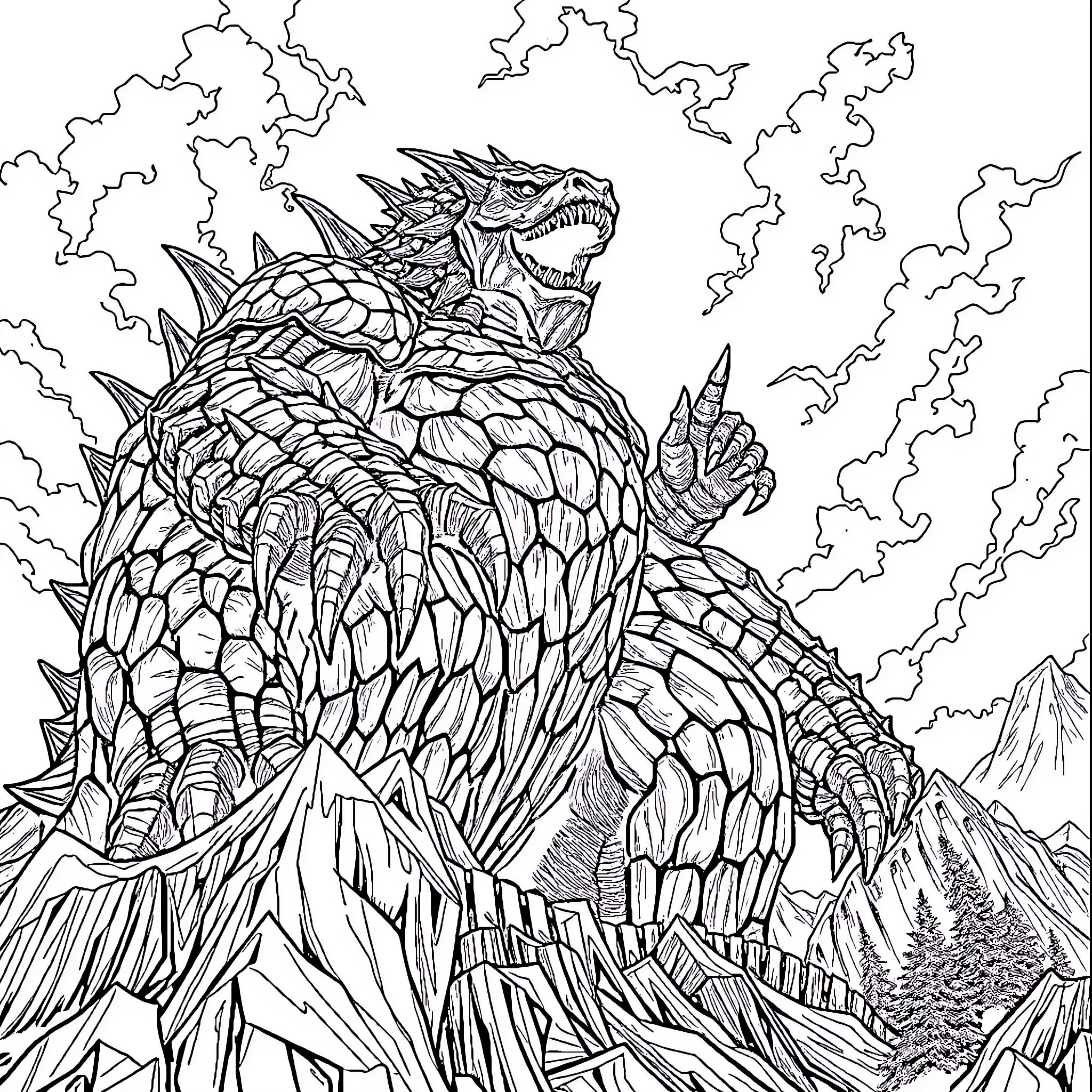 Monster Rising from Mountainous Landscape Coloring Page (free black-and-white line drawing printable PDF for all, from beginners to advanced learners, including children, teens, adults, and seniors)