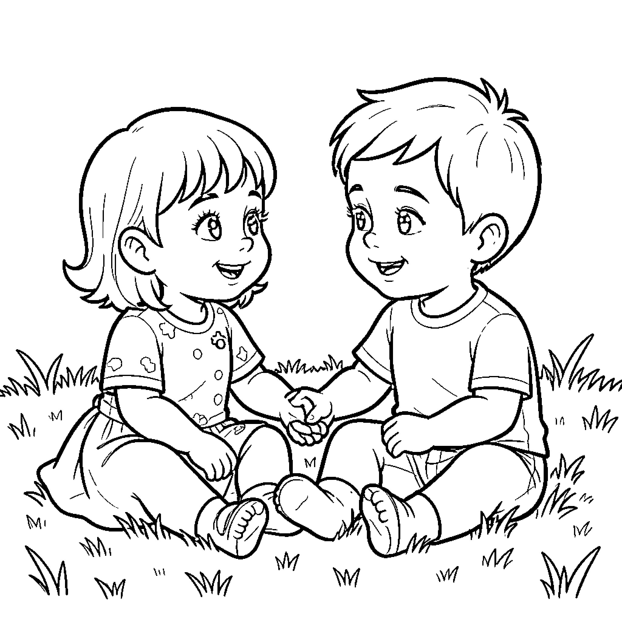 Baby boy and girl holding hands while sitting Coloring Page (free black-and-white line drawing printable PDF for all, from beginners to advanced learners, including children, teens, adults, and seniors)