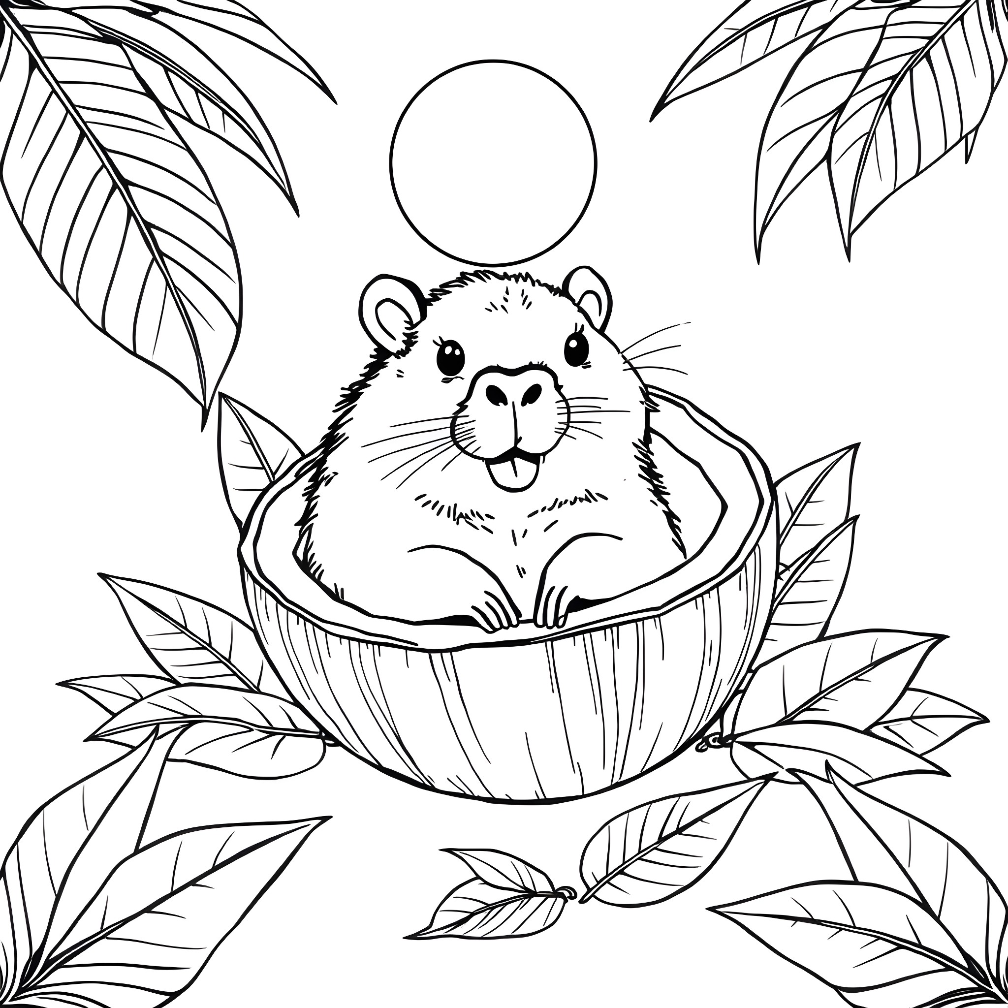 Capybara relaxing in a tropical setting Coloring Page (free black-and-white line drawing printable PDF for all, from beginners to advanced learners, including children, teens, adults, and seniors)