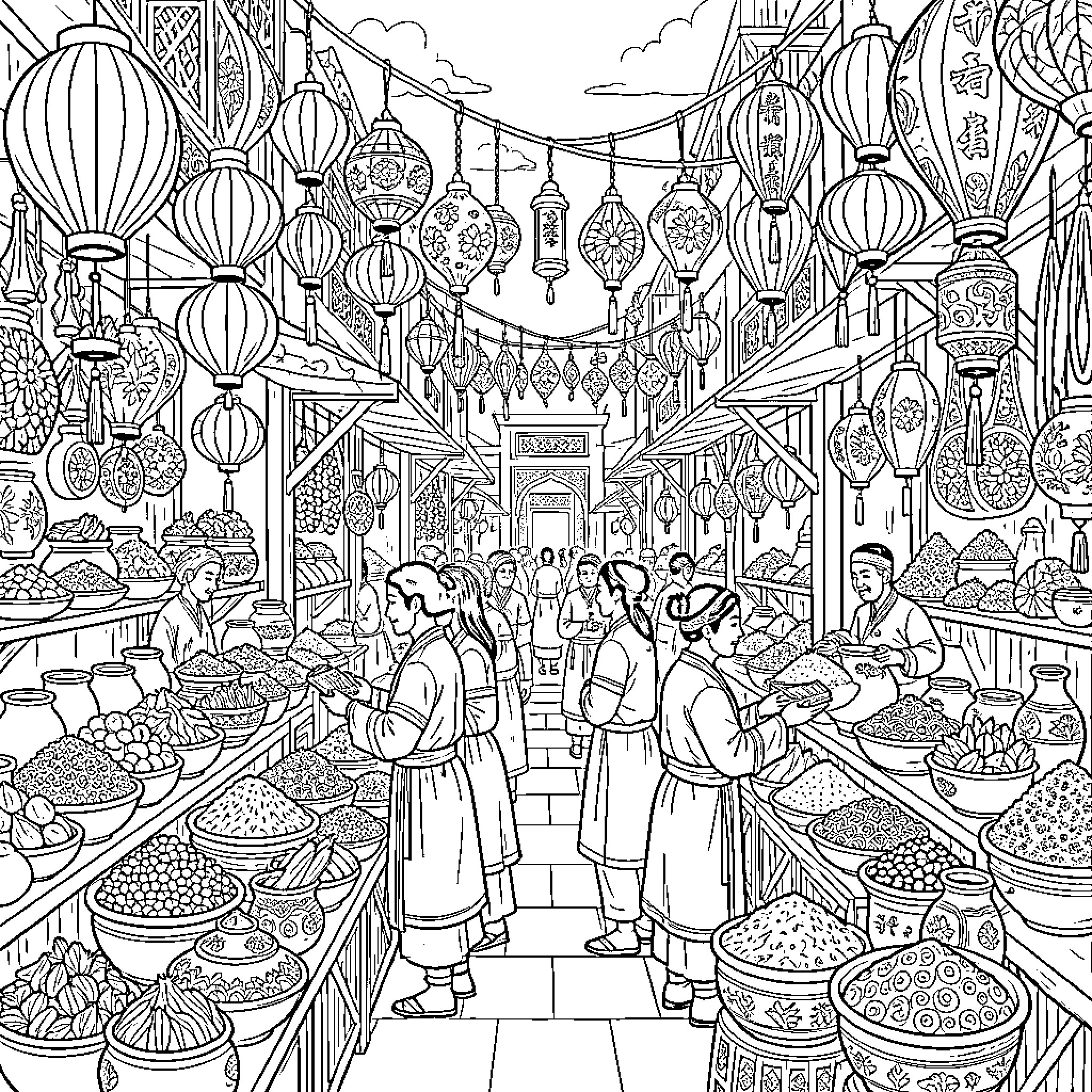 Orientale: Bustling Market Scene with Intricate Lanterns Coloring Page (free black-and-white line drawing printable PDF for all, from beginners to advanced learners, including children, teens, adults, and seniors)