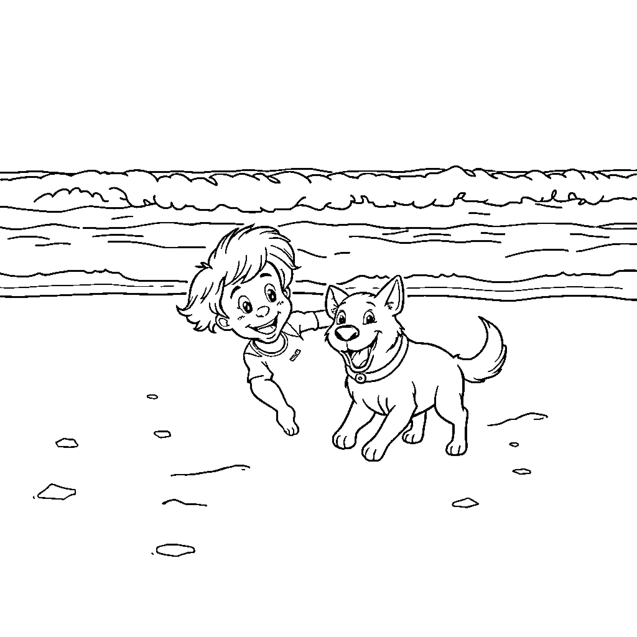 Dandy child playing with a cheerful dog on the beach Coloring Page (free black-and-white line drawing printable PDF for all, from beginners to advanced learners, including children, teens, adults, and seniors)
