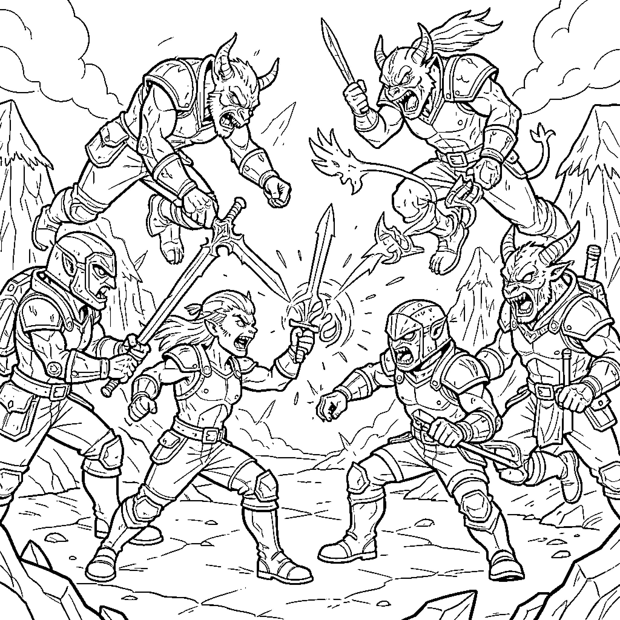 Huntrix warriors engaged in an intense battle scene Coloring Page (free black-and-white line drawing printable PDF for all, from beginners to advanced learners, including children, teens, adults, and seniors)