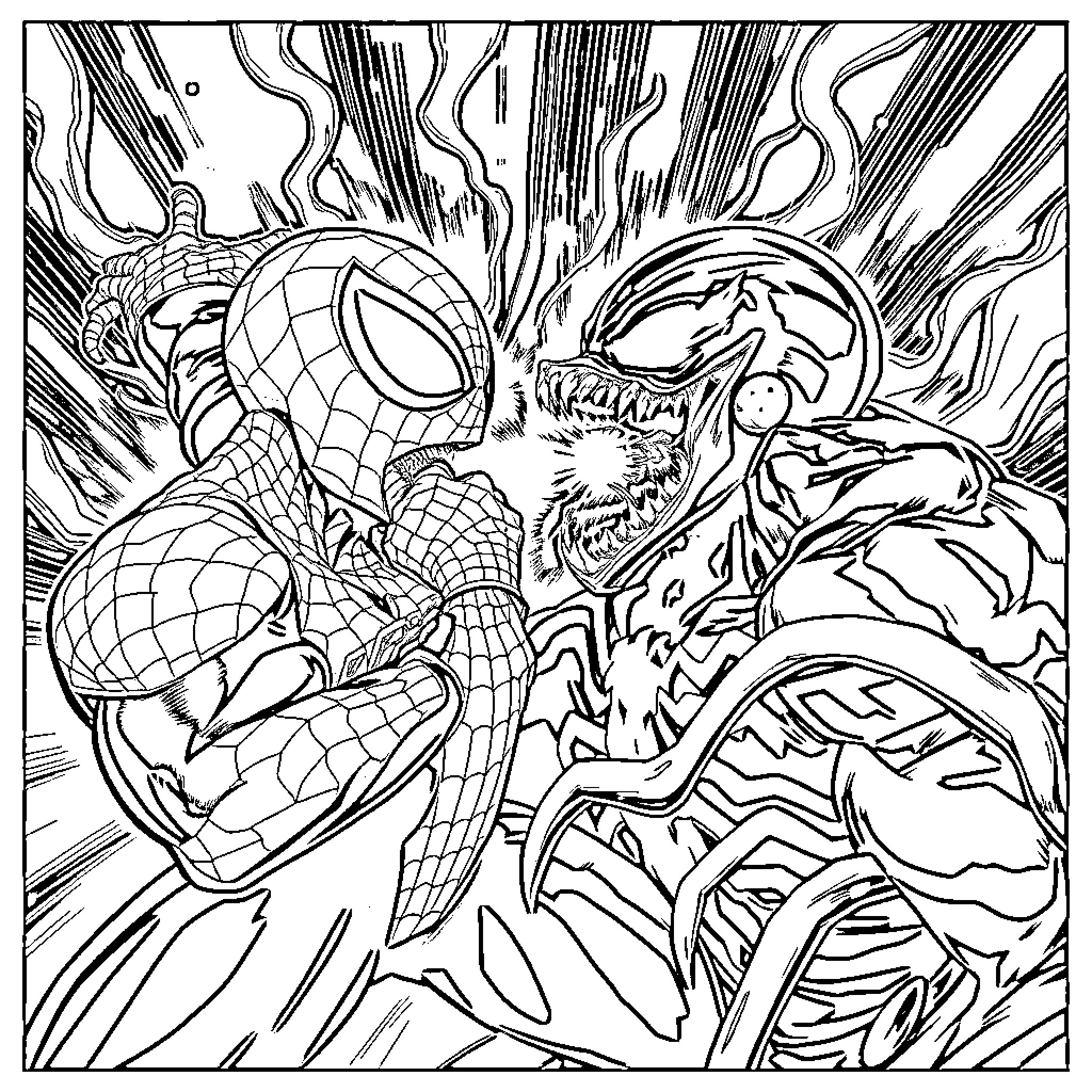 Spider-Man facing off against a fierce villain Coloring Page (free black-and-white line drawing printable PDF for all, from beginners to advanced learners, including children, teens, adults, and seniors)