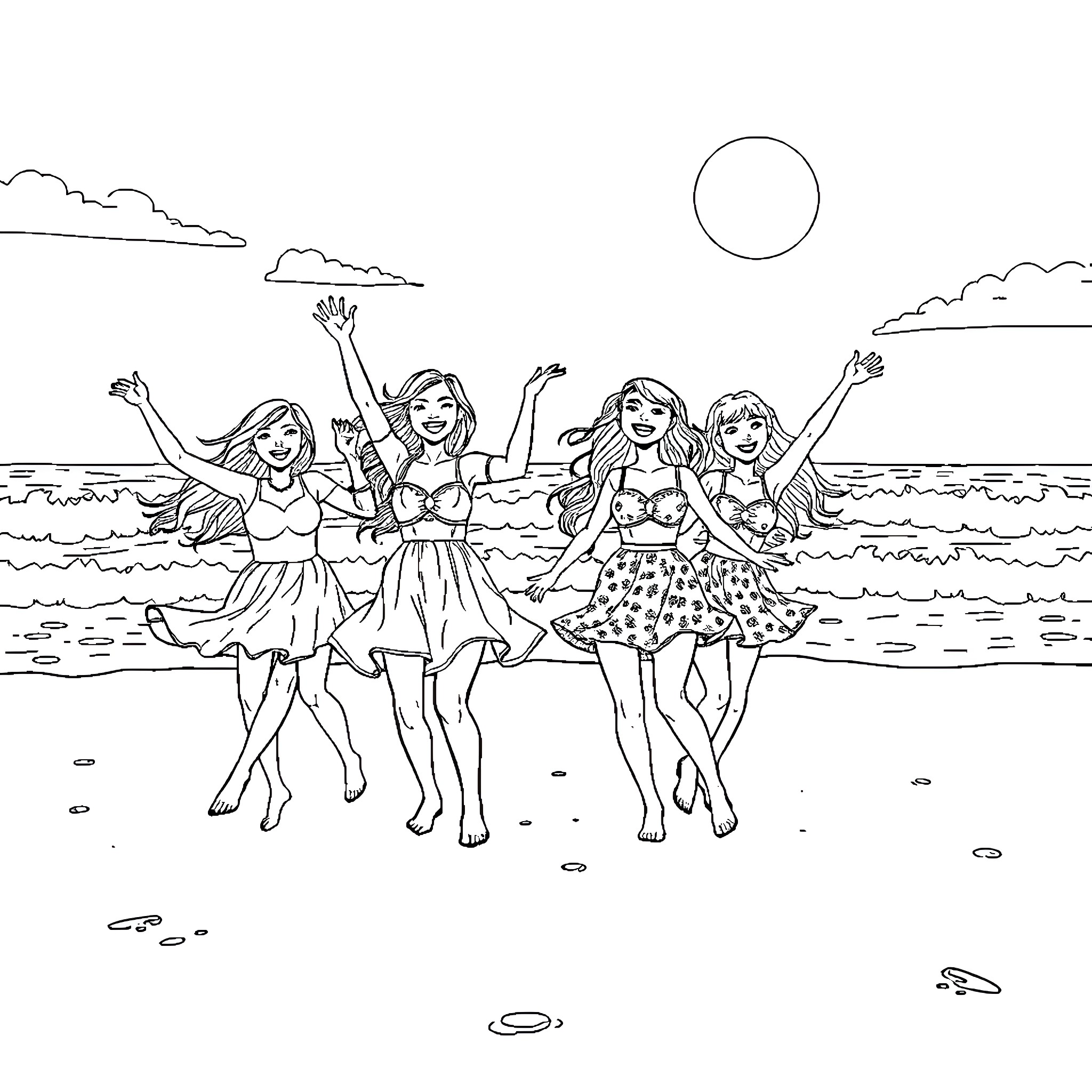 Girls enjoying a day at the beach Coloring Page (free black-and-white line drawing printable PDF for all, from beginners to advanced learners, including children, teens, adults, and seniors)