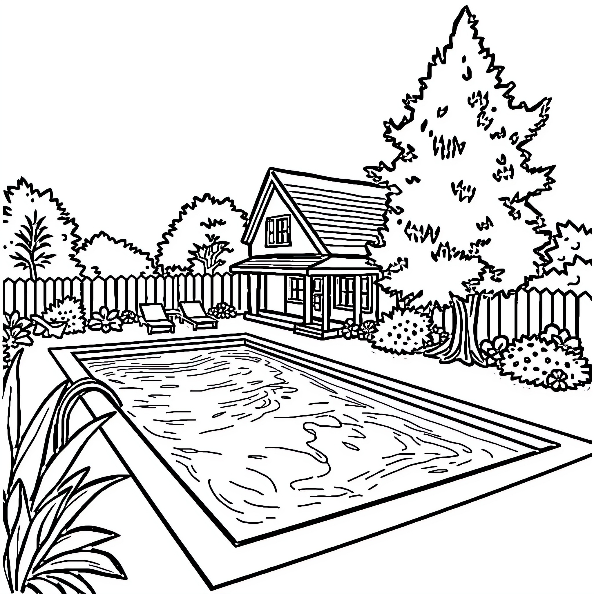 Swimming Pool with Scenic Backyard Landscape Coloring Page (free black-and-white line drawing printable PDF for all, from beginners to advanced learners, including children, teens, adults, and seniors)