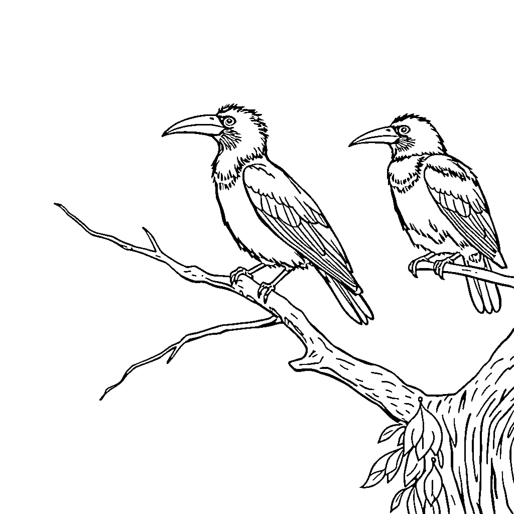 Birds perched on tree branch Coloring Page (free black-and-white line drawing printable PDF for all, from beginners to advanced learners, including children, teens, adults, and seniors)