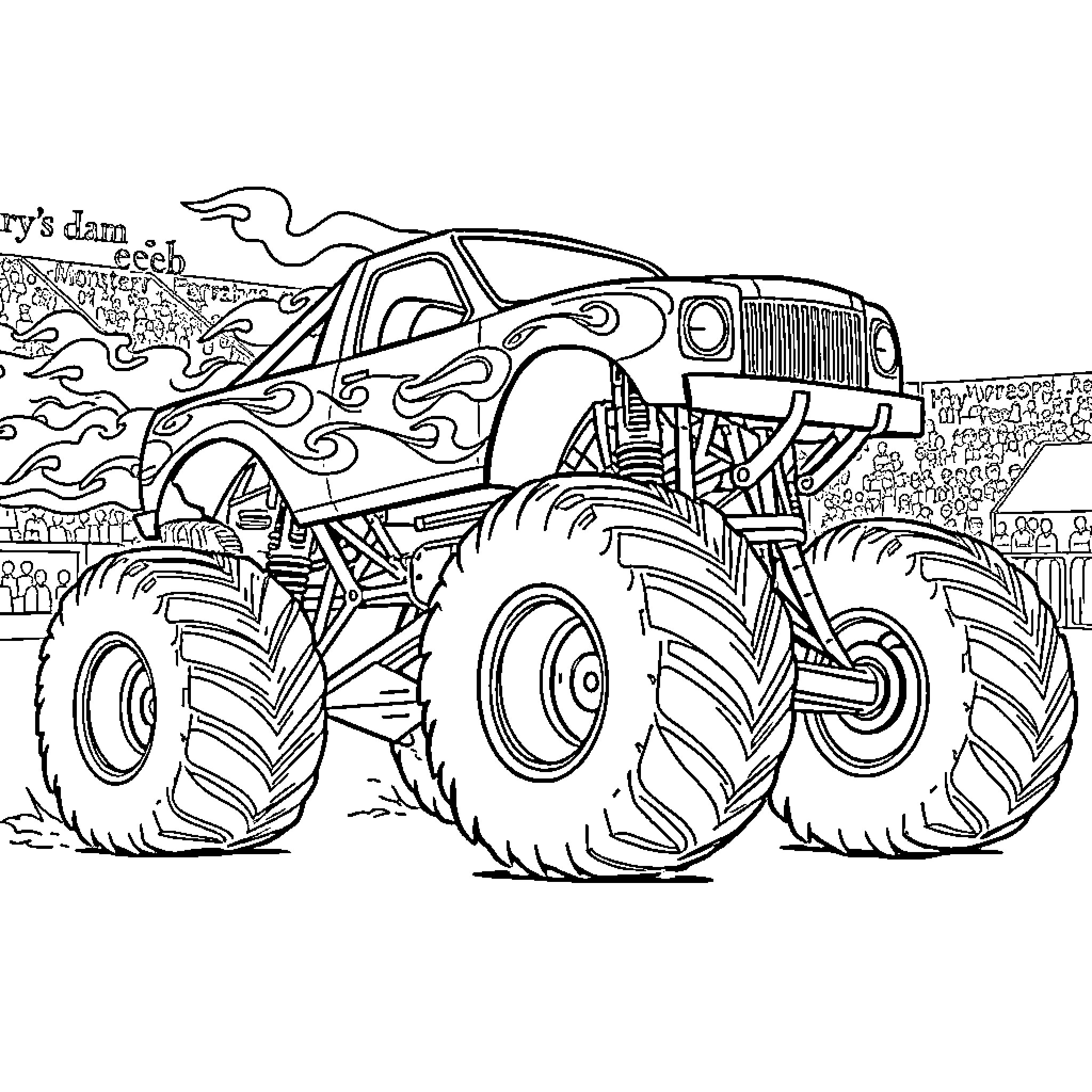 Monster Truck Performing Extreme Stunts Coloring Page (free black-and-white line drawing printable PDF for all, from beginners to advanced learners, including children, teens, adults, and seniors)