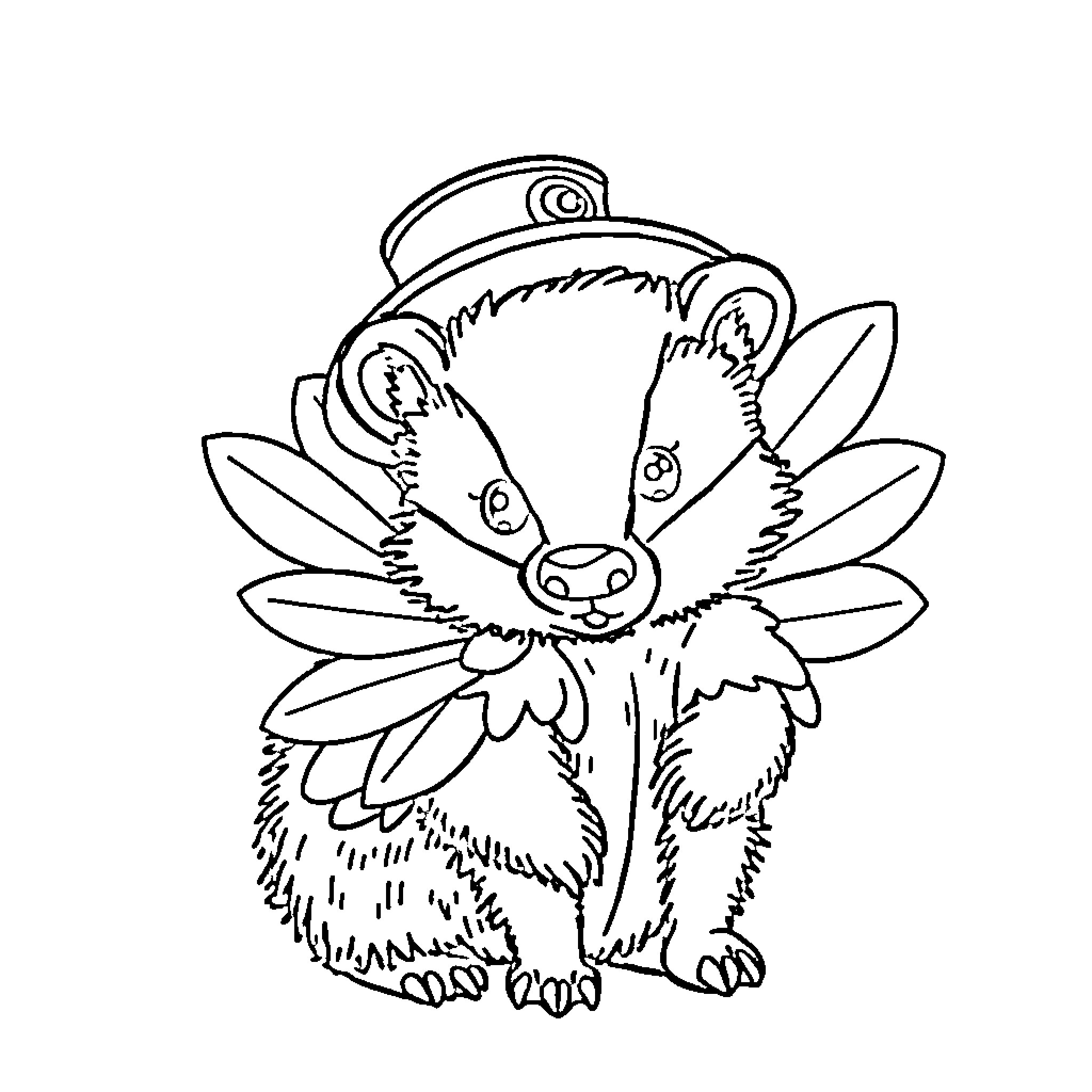Badger wearing a cute hat and floral crown Coloring Page (free black-and-white line drawing printable PDF for all, from beginners to advanced learners, including children, teens, adults, and seniors)