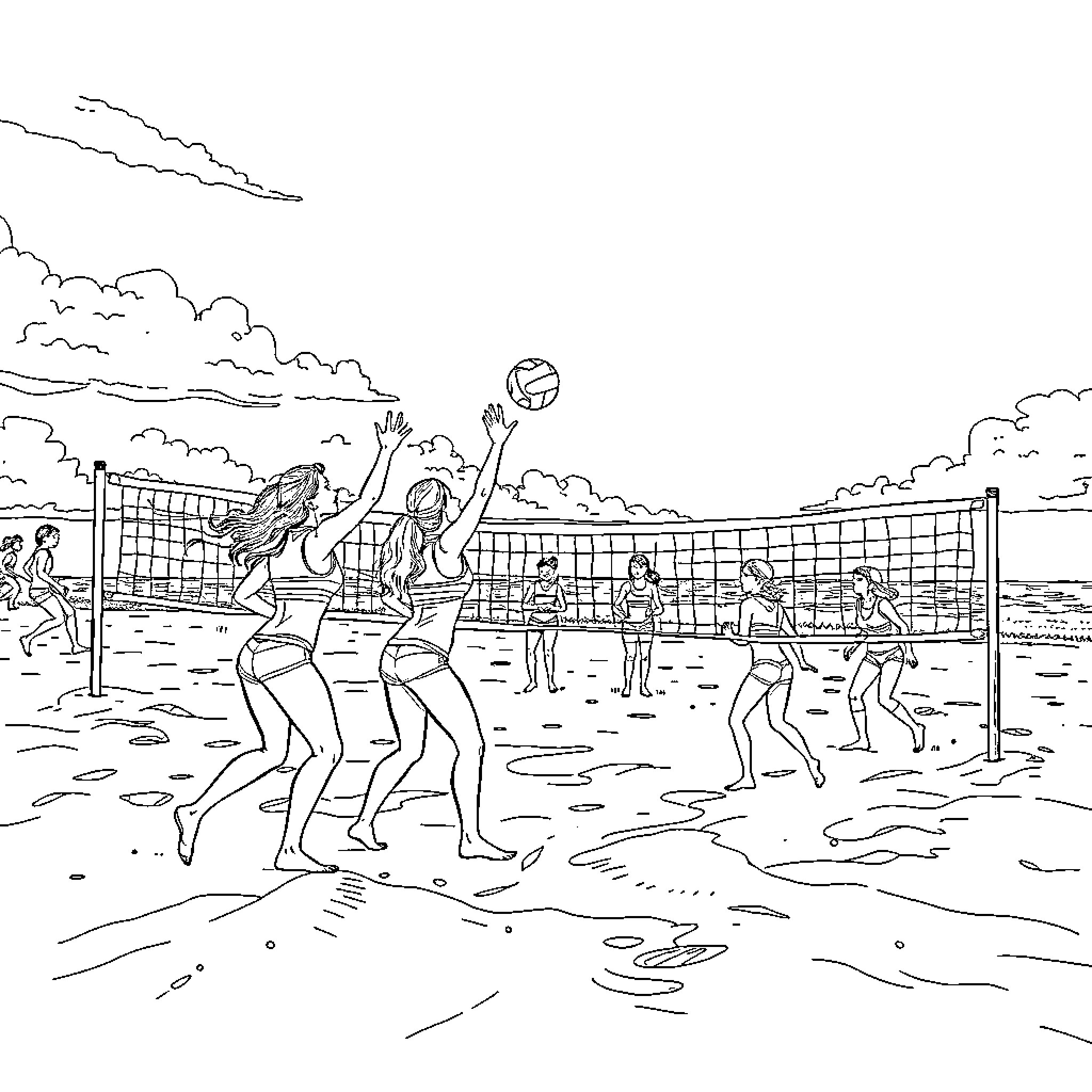 Girl Volleyball Game on the Beach Coloring Page (free black-and-white line drawing printable PDF for all, from beginners to advanced learners, including children, teens, adults, and seniors)