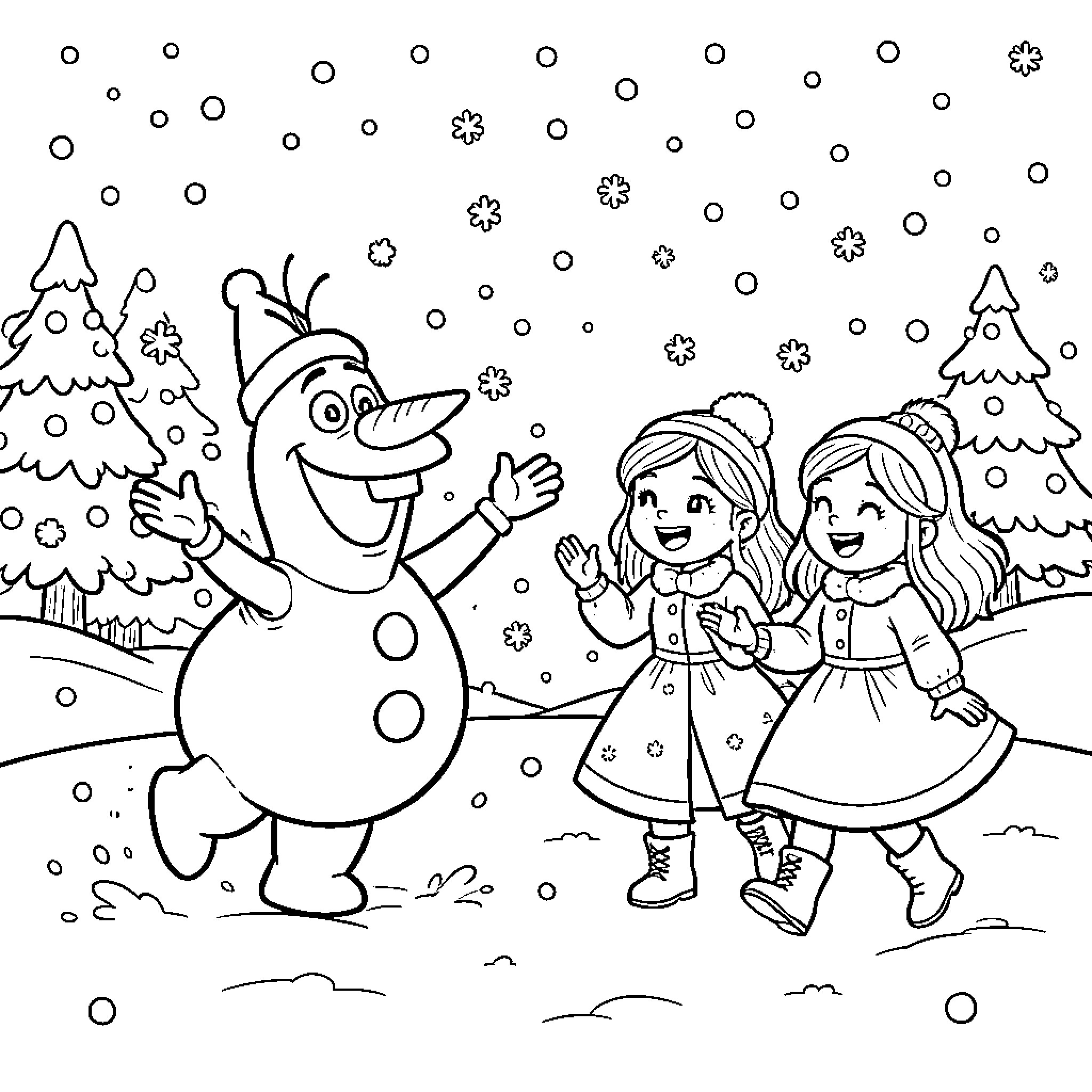 Olaf playing with two girls in a snowy winter scene Coloring Page (free black-and-white line drawing printable PDF for all, from beginners to advanced learners, including children, teens, adults, and seniors)