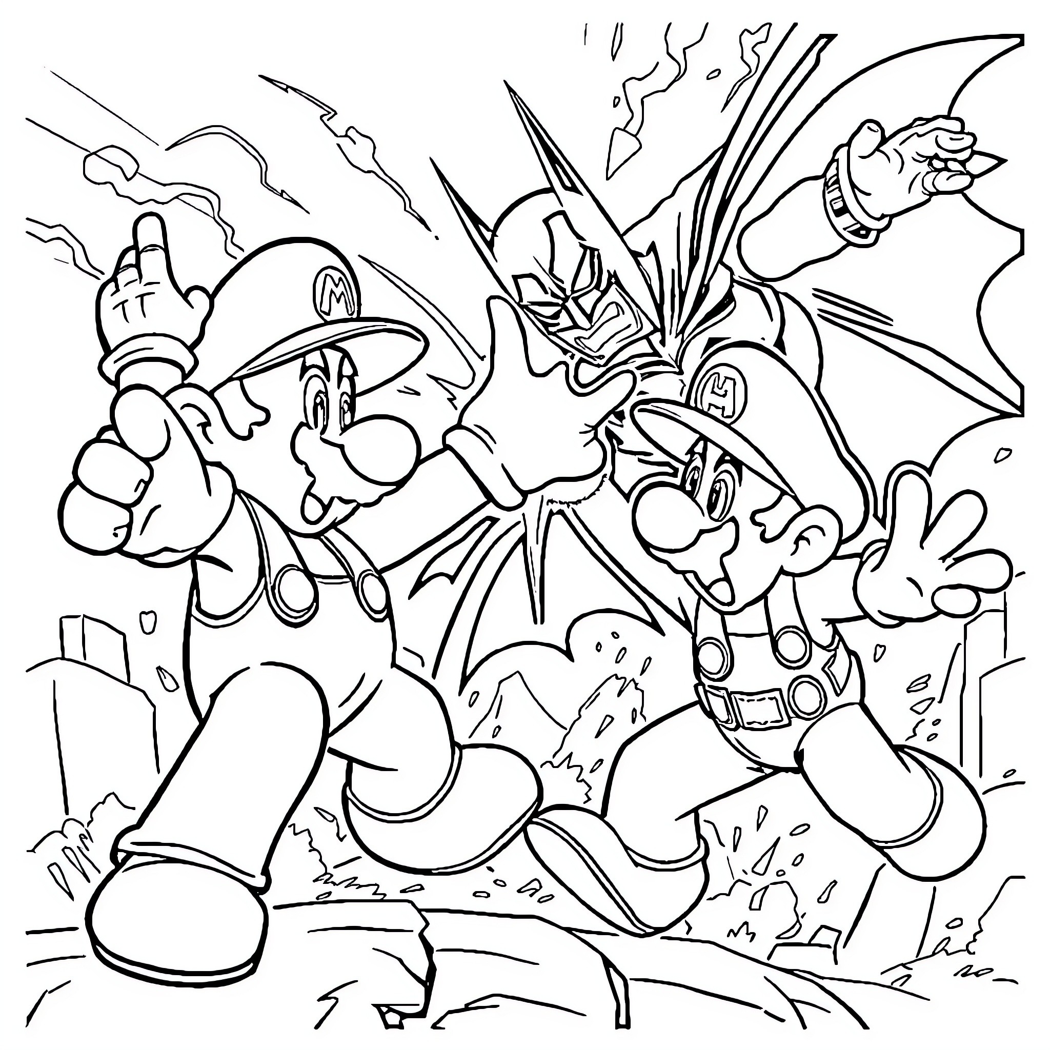 Mario's Heroic Adventure in the Mushroom Kingdom Coloring Page (free black-and-white line drawing printable PDF for all, from beginners to advanced learners, including children, teens, adults, and seniors)