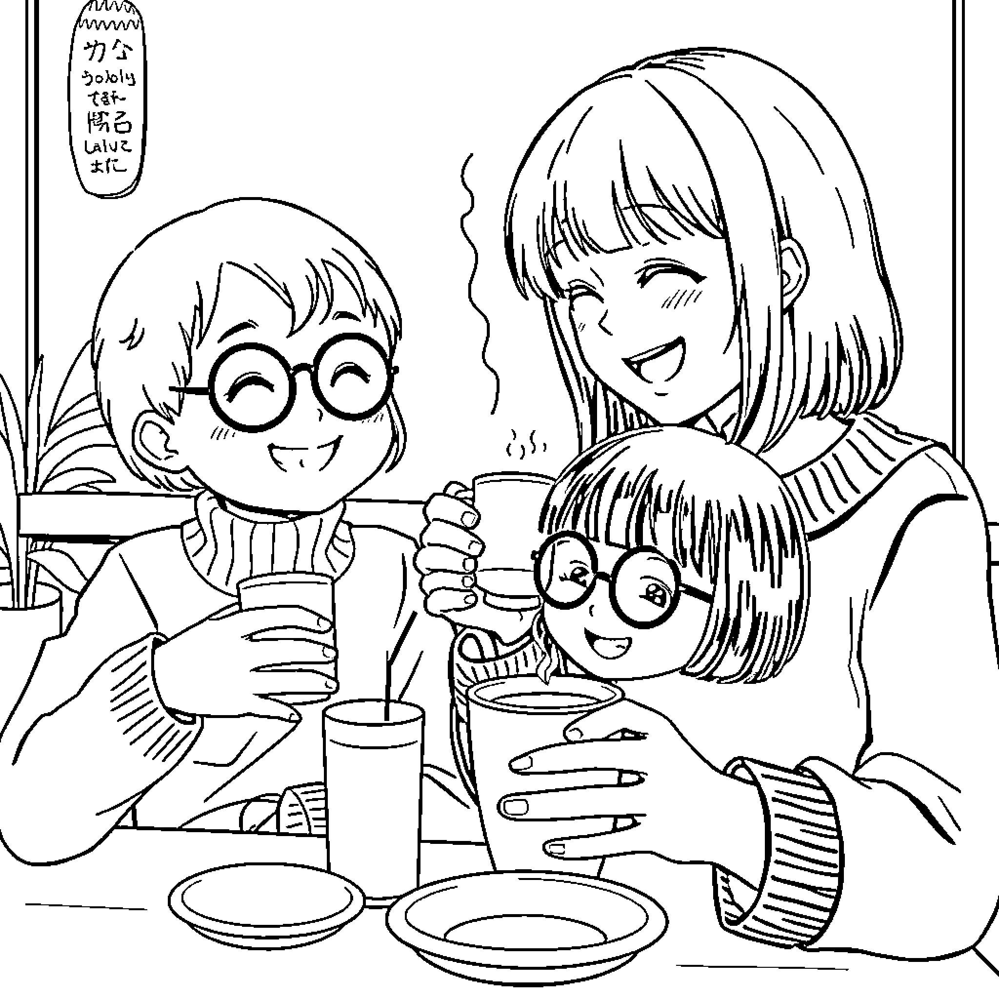 Kuromi and friends enjoy a cozy meal together Coloring Page (free black-and-white line drawing printable PDF for all, from beginners to advanced learners, including children, teens, adults, and seniors)